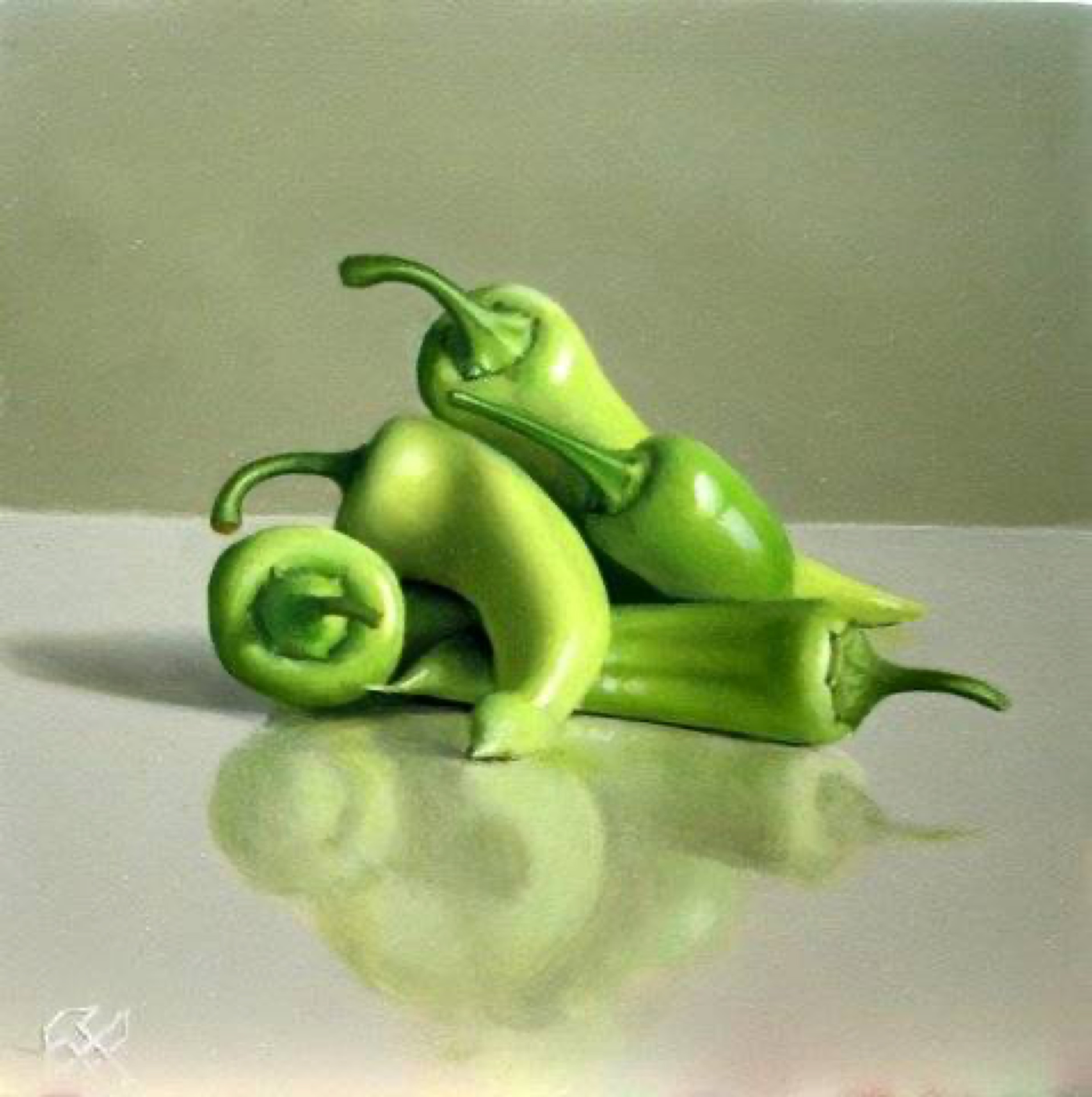 Klaas Wiedijk, Groene pepers (Green Peppers) — Miniatures, Oil on panel