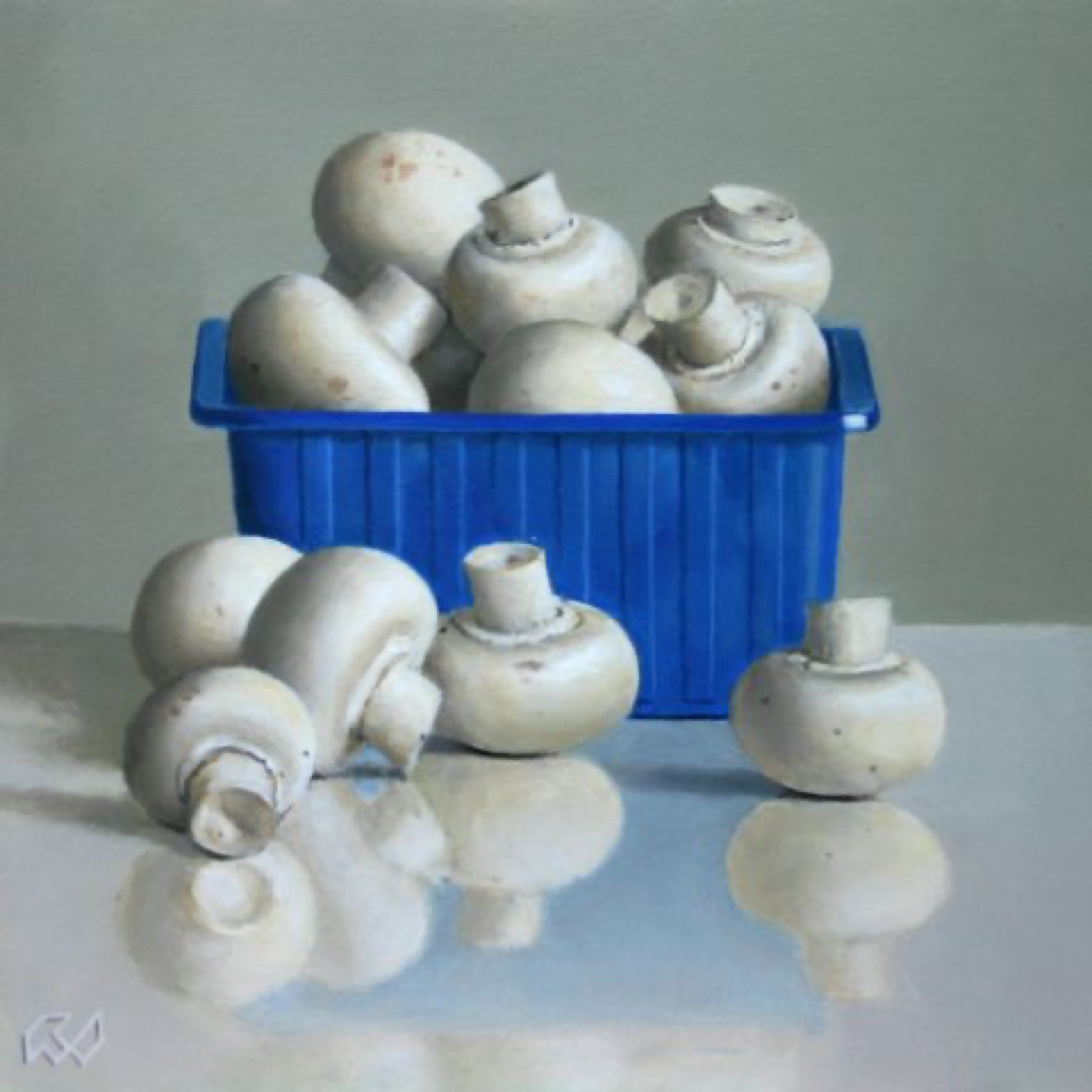 Klaas Wiedijk, Champignons in blauw bakje (Mushrooms in a Blue Punnet) — Miniatures, Oil on panel