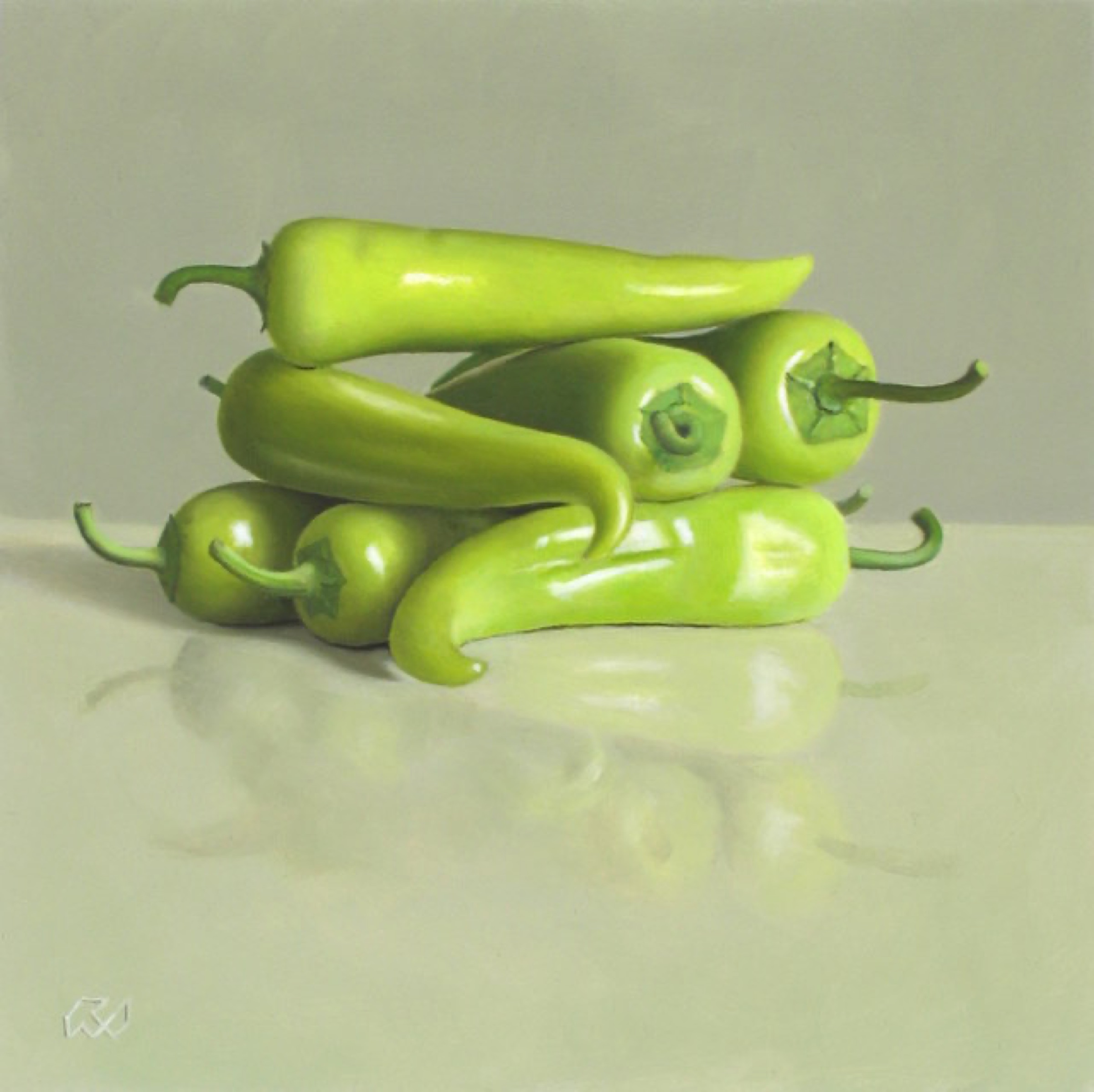 Klaas Wiedijk, Groene pepers (Green Peppers) — Miniatures, Oil on panel