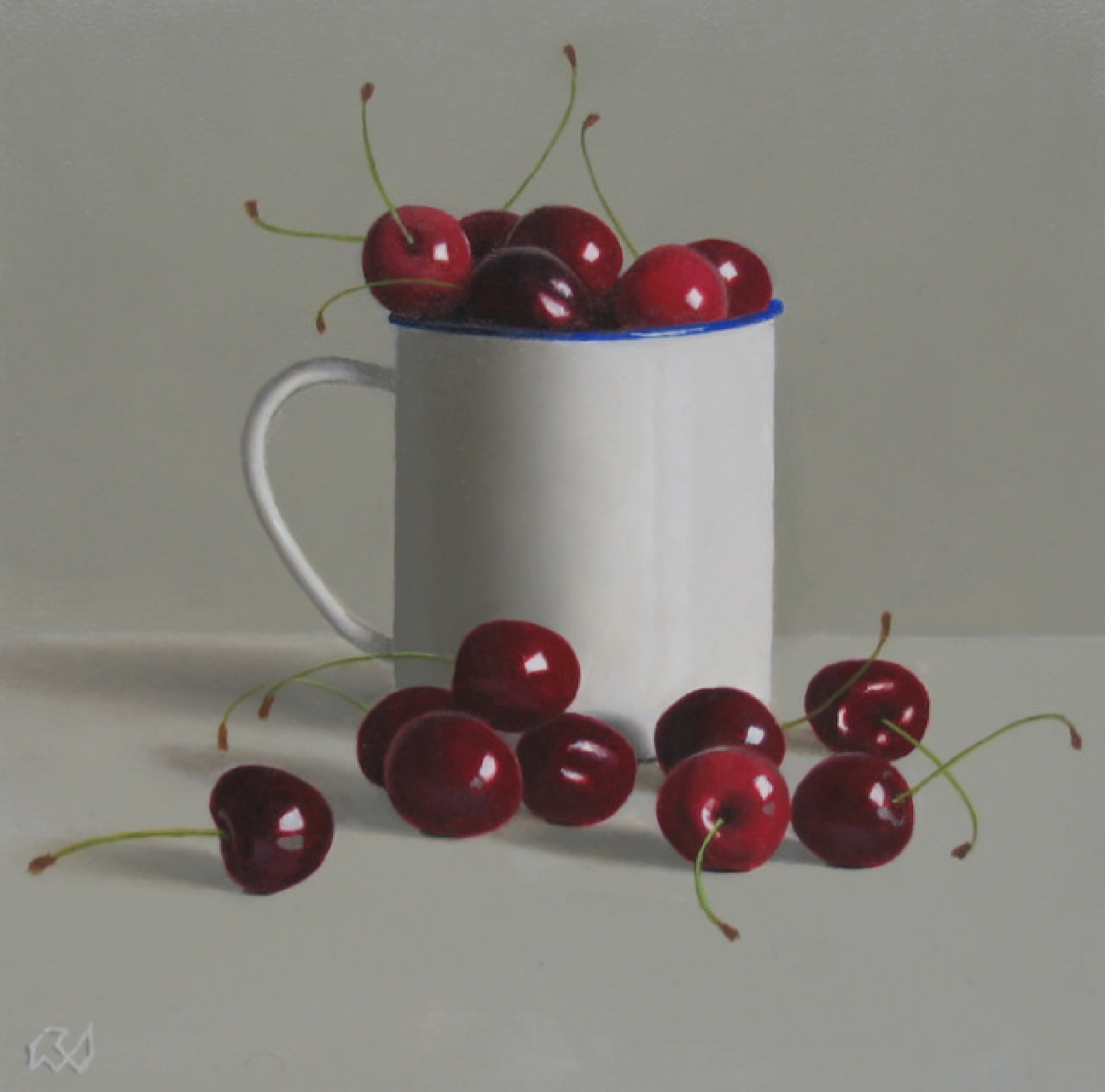 Klaas Wiedijk, Kersen in emaillen mok (Cherries in an Enamel Mug) — Miniatures, Oil on panel