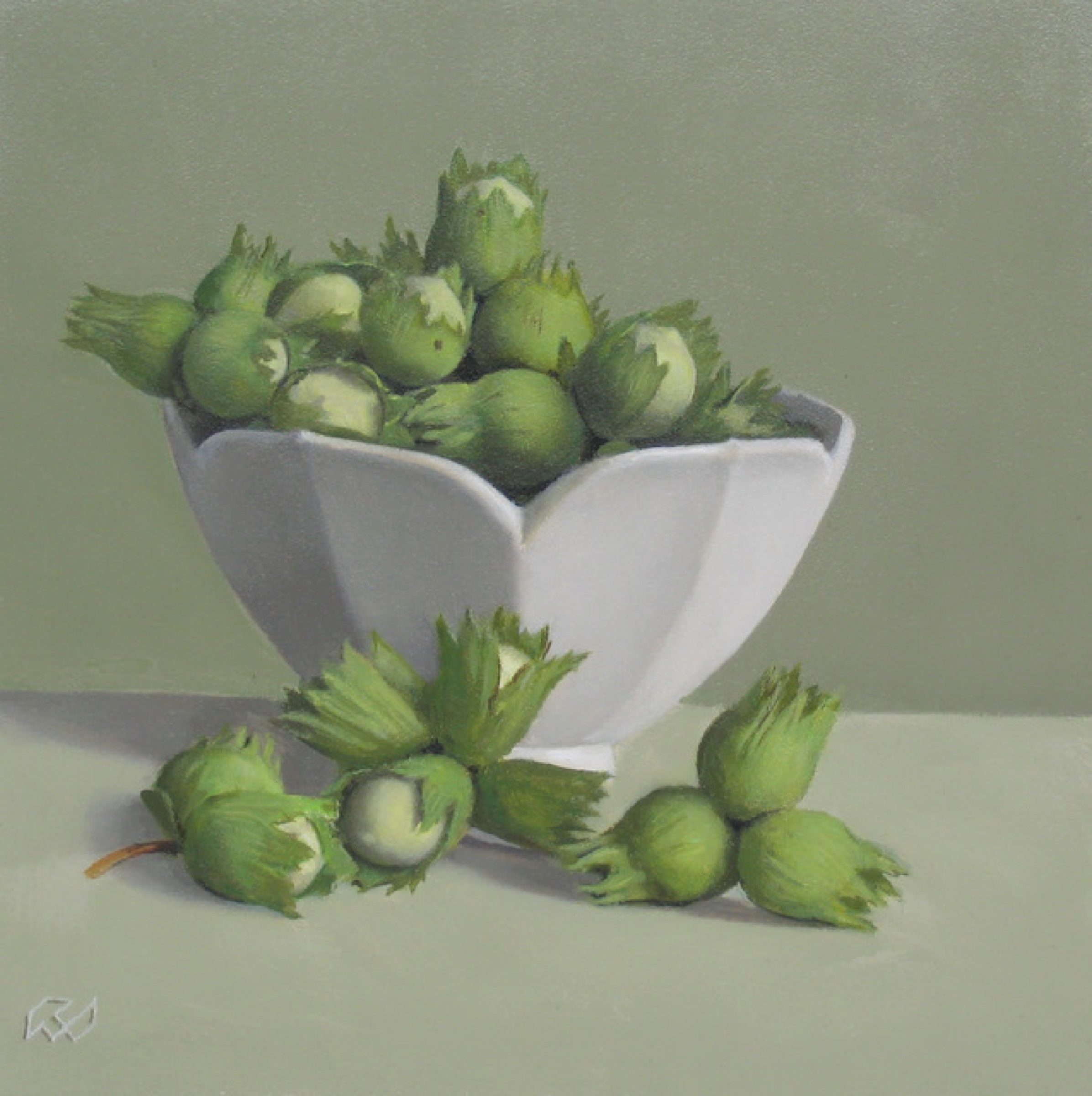 Klaas Wiedijk, Hazelnoten in wit schaaltje (Hazelnuts in a White Dish) — Miniatures, Oil on panel