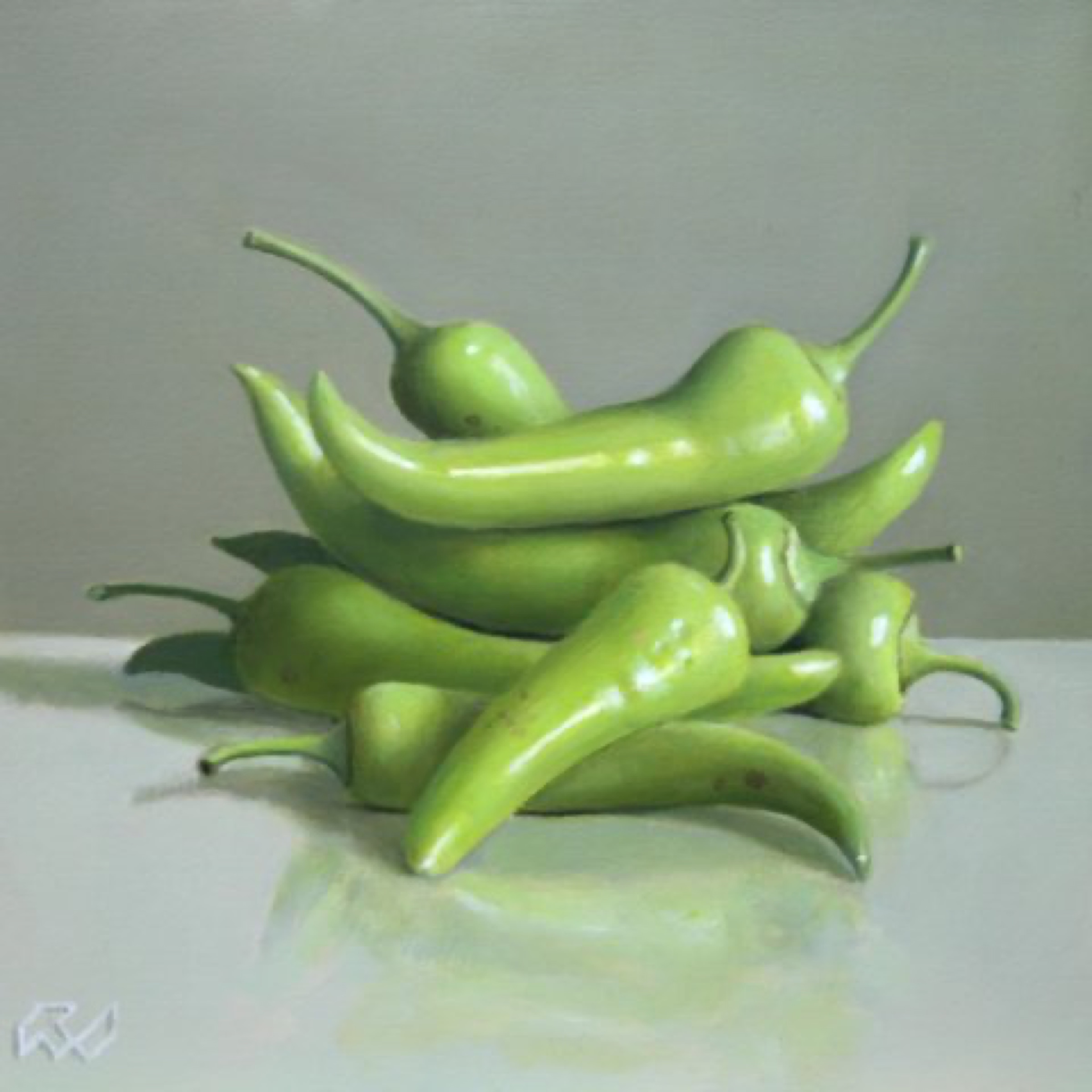 Klaas Wiedijk, Groene pepers (Green Peppers) — Miniatures, Oil on panel