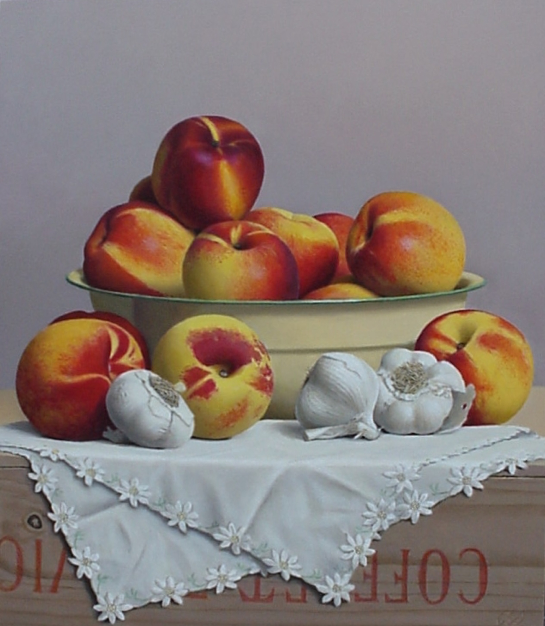 Klaas Wiedijk, Perziken met knoflook (Peaches with Garlic) — Still life, Oil on panel