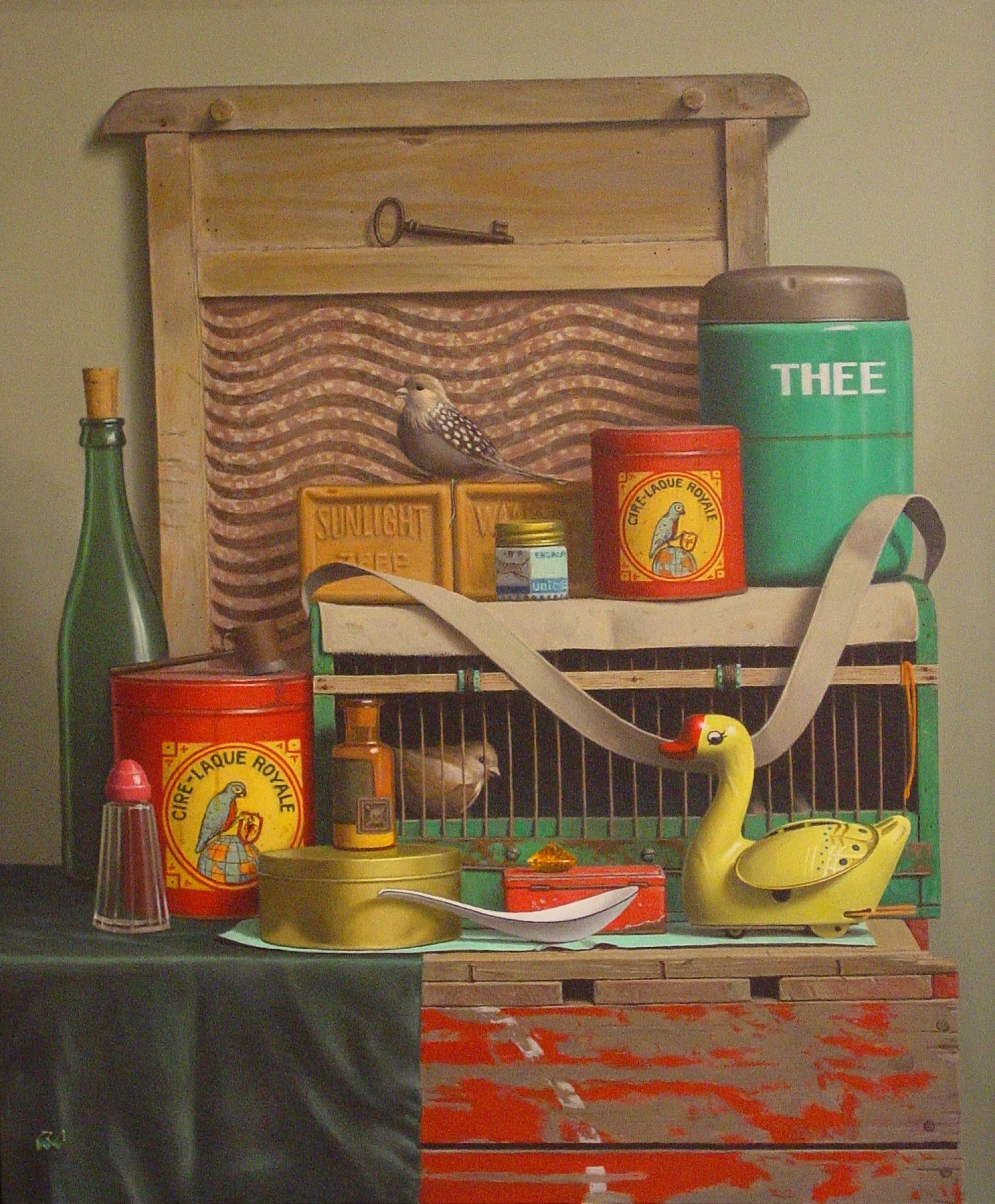Klaas Wiedijk, Stilleven met blikken en vogeltjes (Still Life with Tins and Little Birds) — Still life, Oil on panel