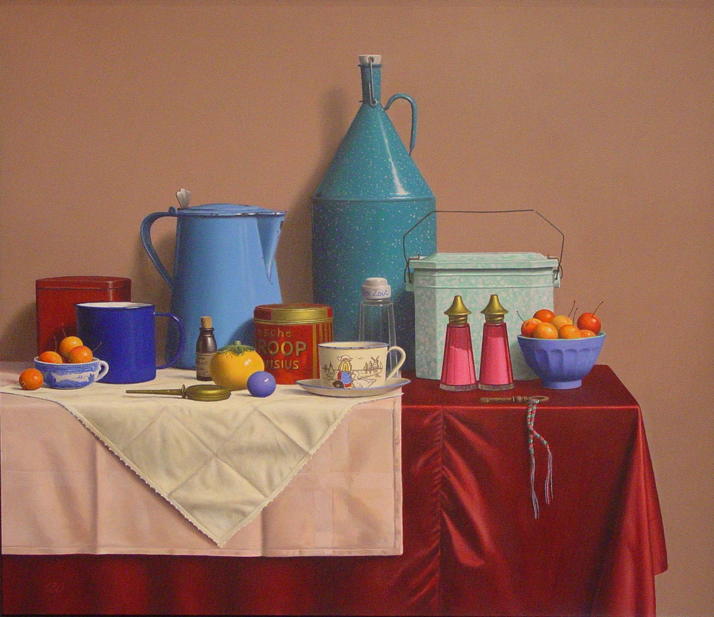 Klaas Wiedijk, Stilleven met emaille en kersen (Still Life with Enamelware and Cherries) — Still life, Oil on panel