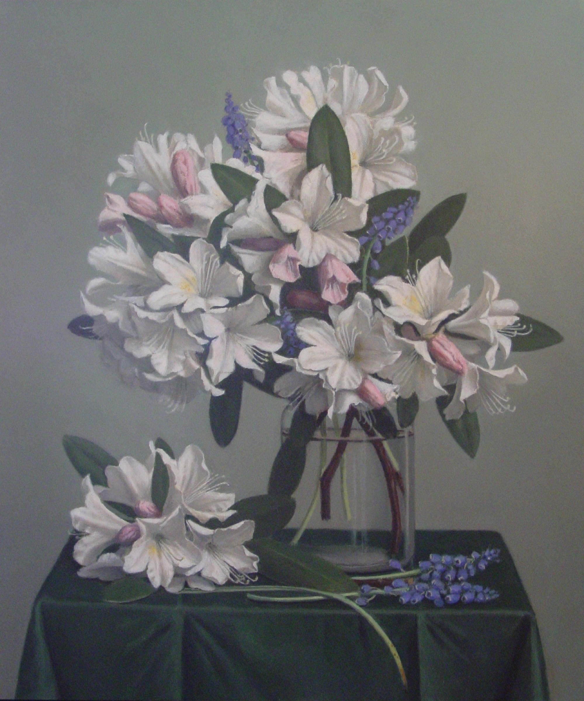 Klaas Wiedijk, Witte rododendrons met druifjes (White Rhododendrons with Grapes) — Still life, Oil on panel
