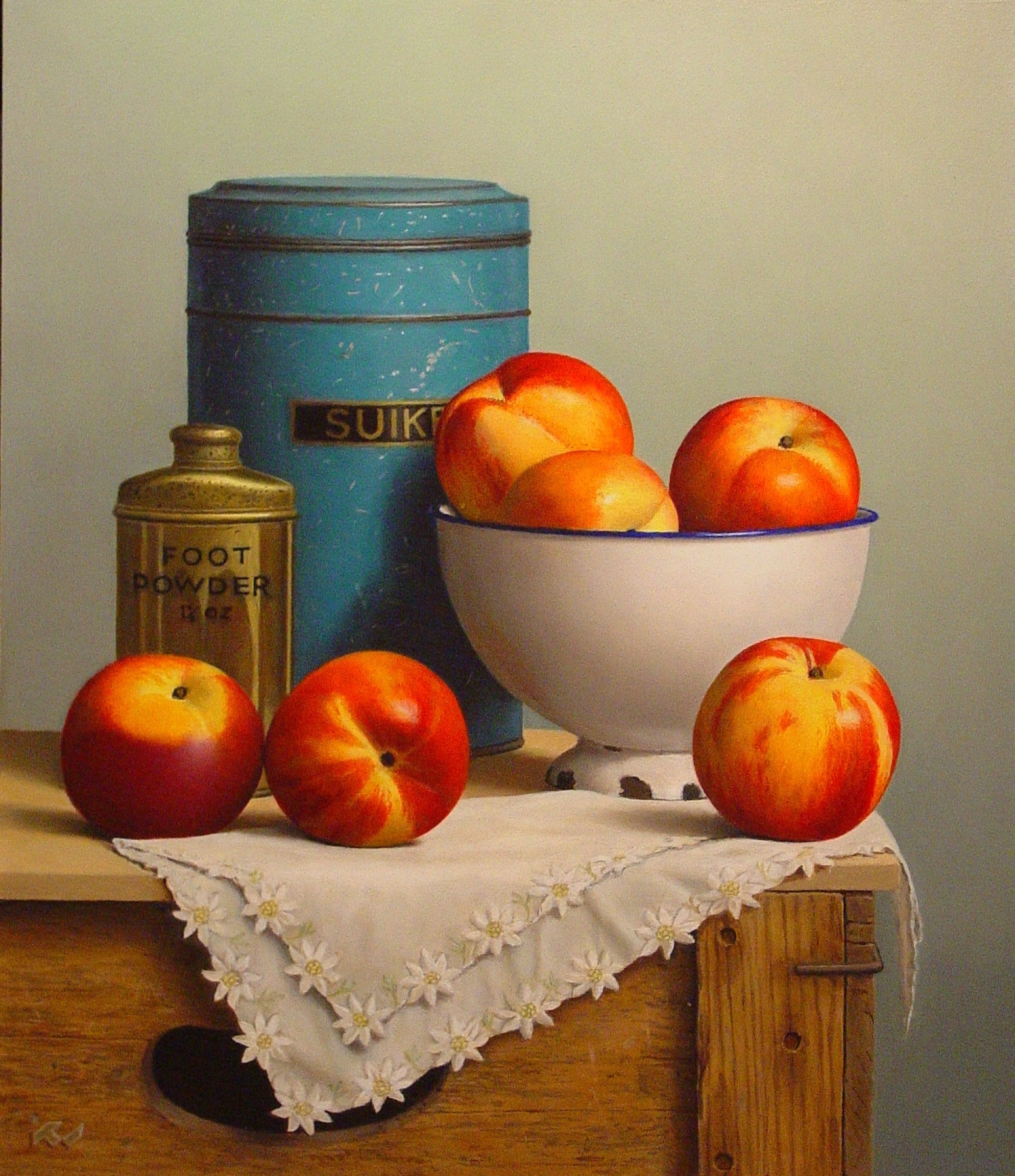 Klaas Wiedijk, Perziken met suikerbus (Peaches with a Sugar Tin) — Still life, Oil on panel