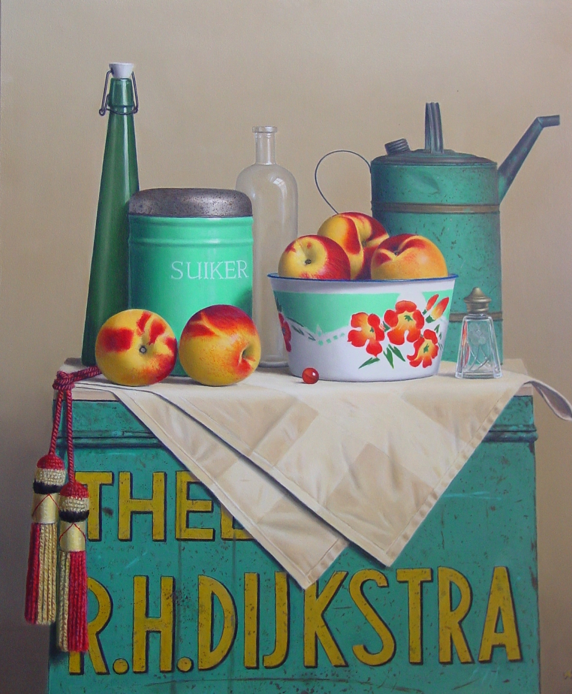 Klaas Wiedijk, Stilleven met perziken op theekist (Still Life with Peaches on a Tea Chest) — Still life, Oil on panel