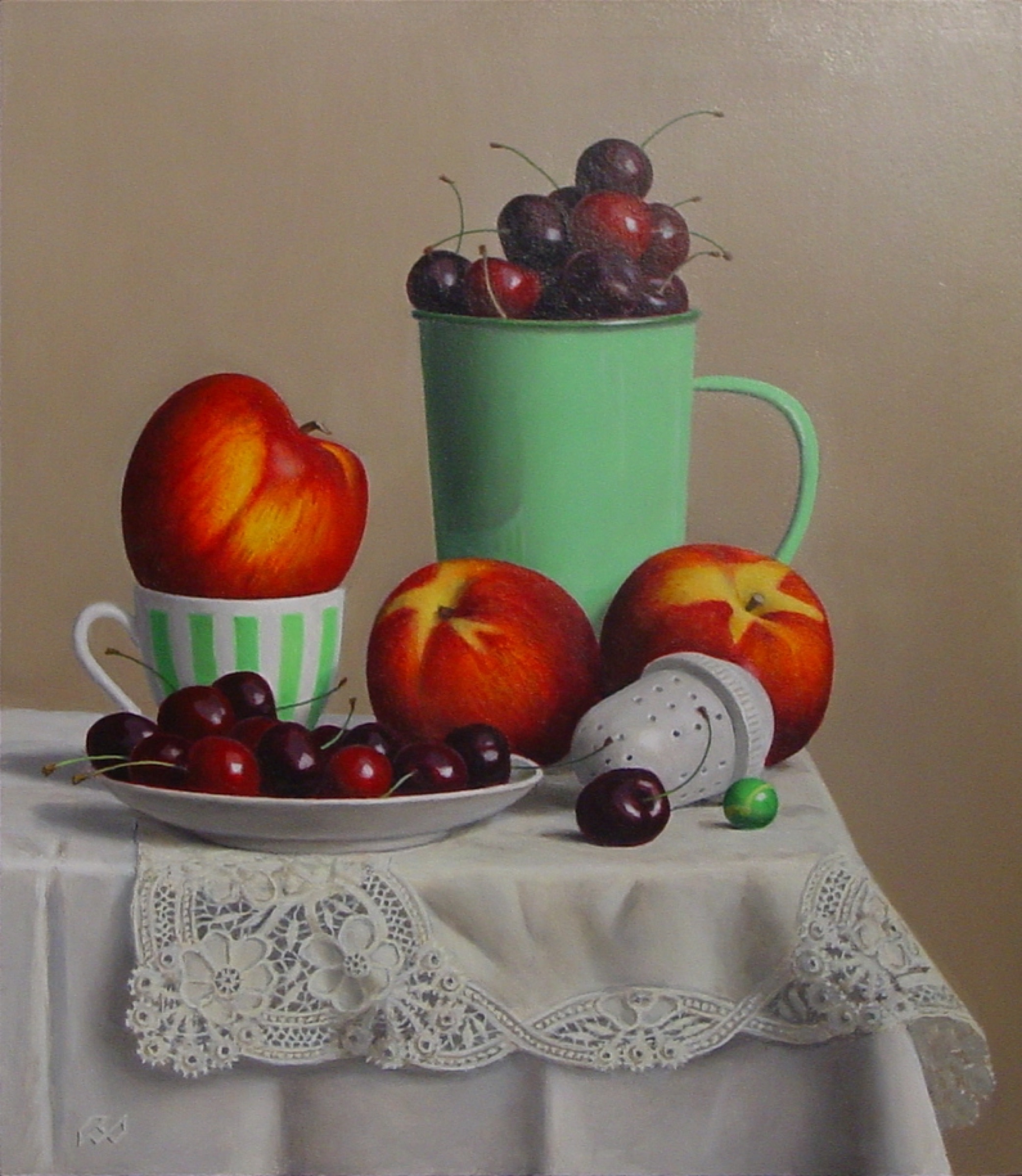 Klaas Wiedijk, Stilleven met kersen en nectarines (Still Life with Cherries and Nectarines) — Still life, Oil on panel