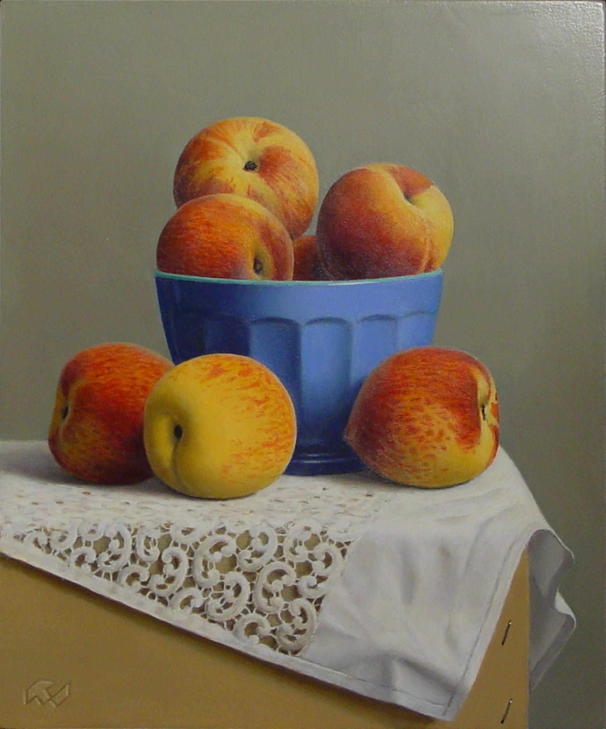 Klaas Wiedijk, Perziken in blauwe kom (Peaches in a Blue Bowl) — Still life, Oil on panel
