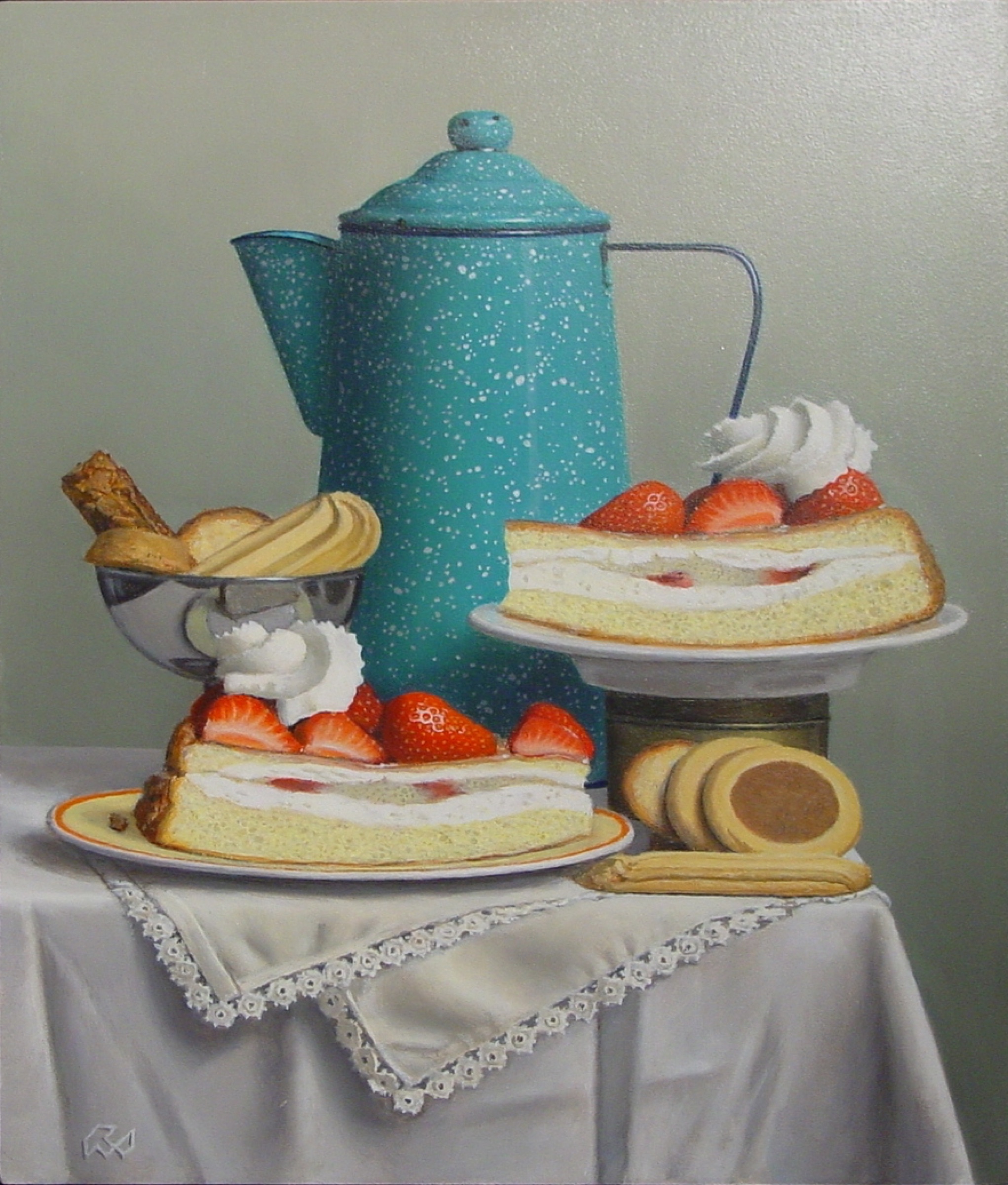 Klaas Wiedijk, Stilleven met aardbeientaart (Still Life with a Strawberry Tart) — Still life, Oil on panel