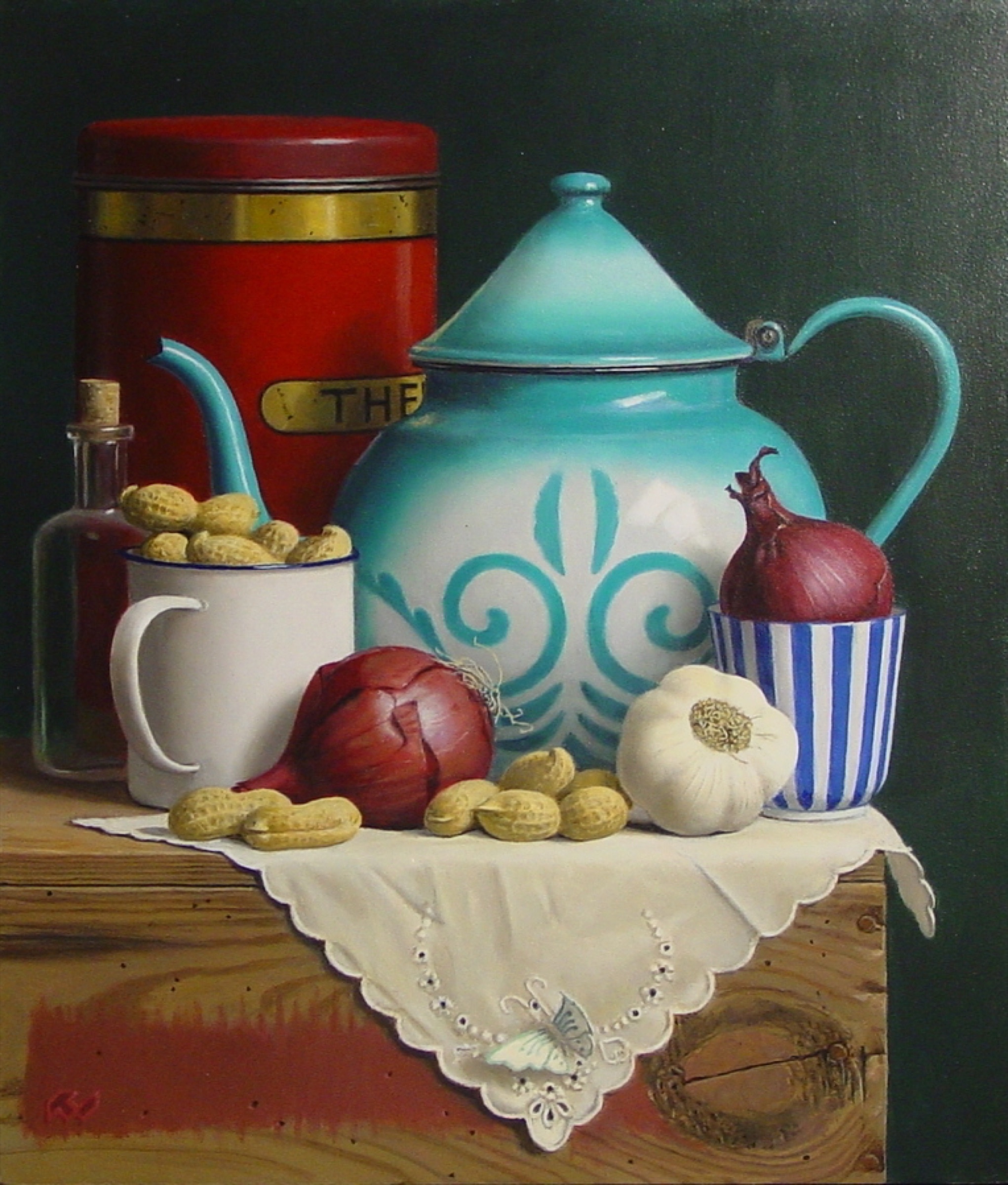 Klaas Wiedijk, Stilleven met thee en uien (Still Life with Tea and Onions) — Still life, Oil on panel