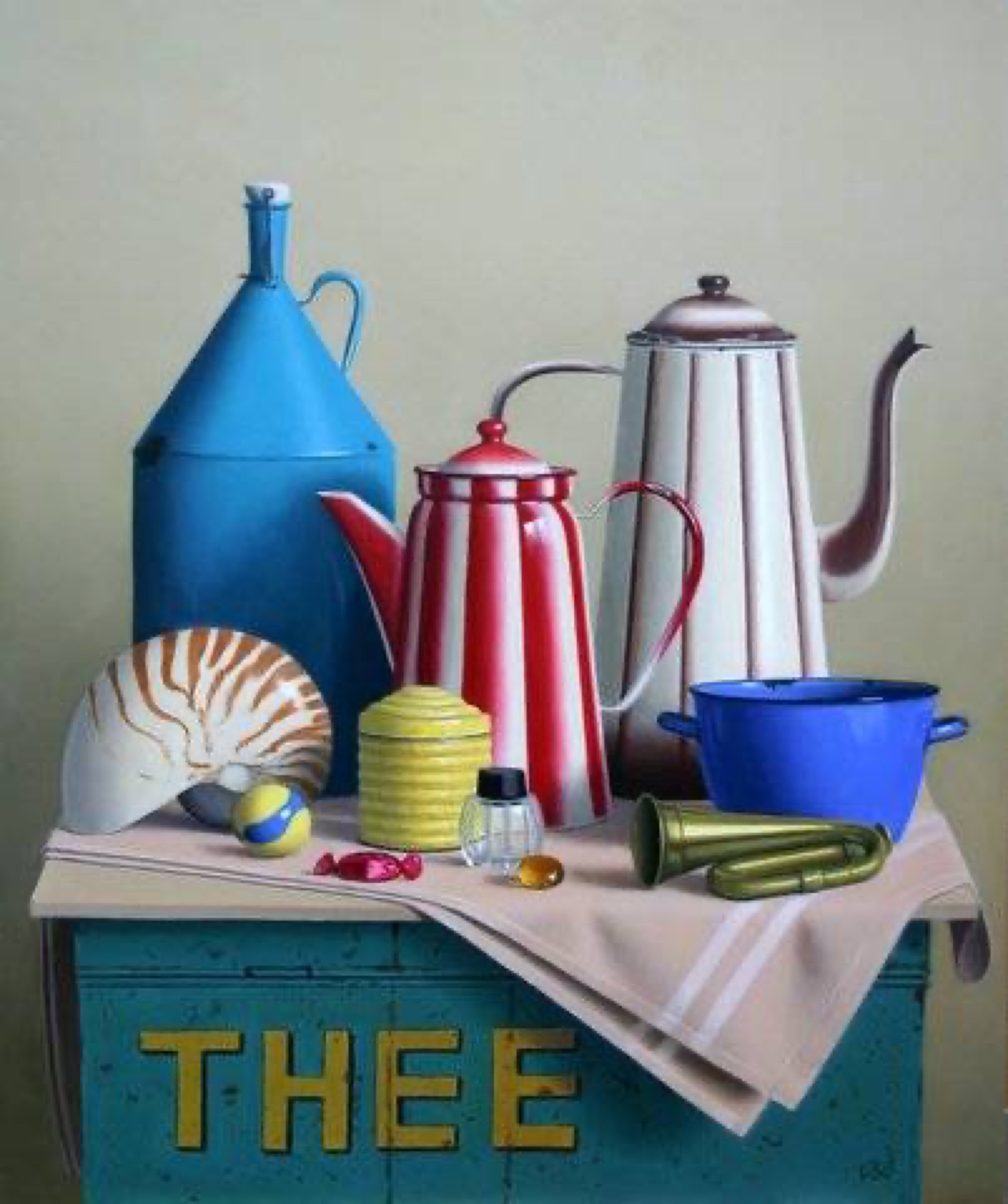 Klaas Wiedijk, Stilleven met nautilus op theekist (Still Life with Nautilus on a Tea Chest) — Still life, Oil on panel