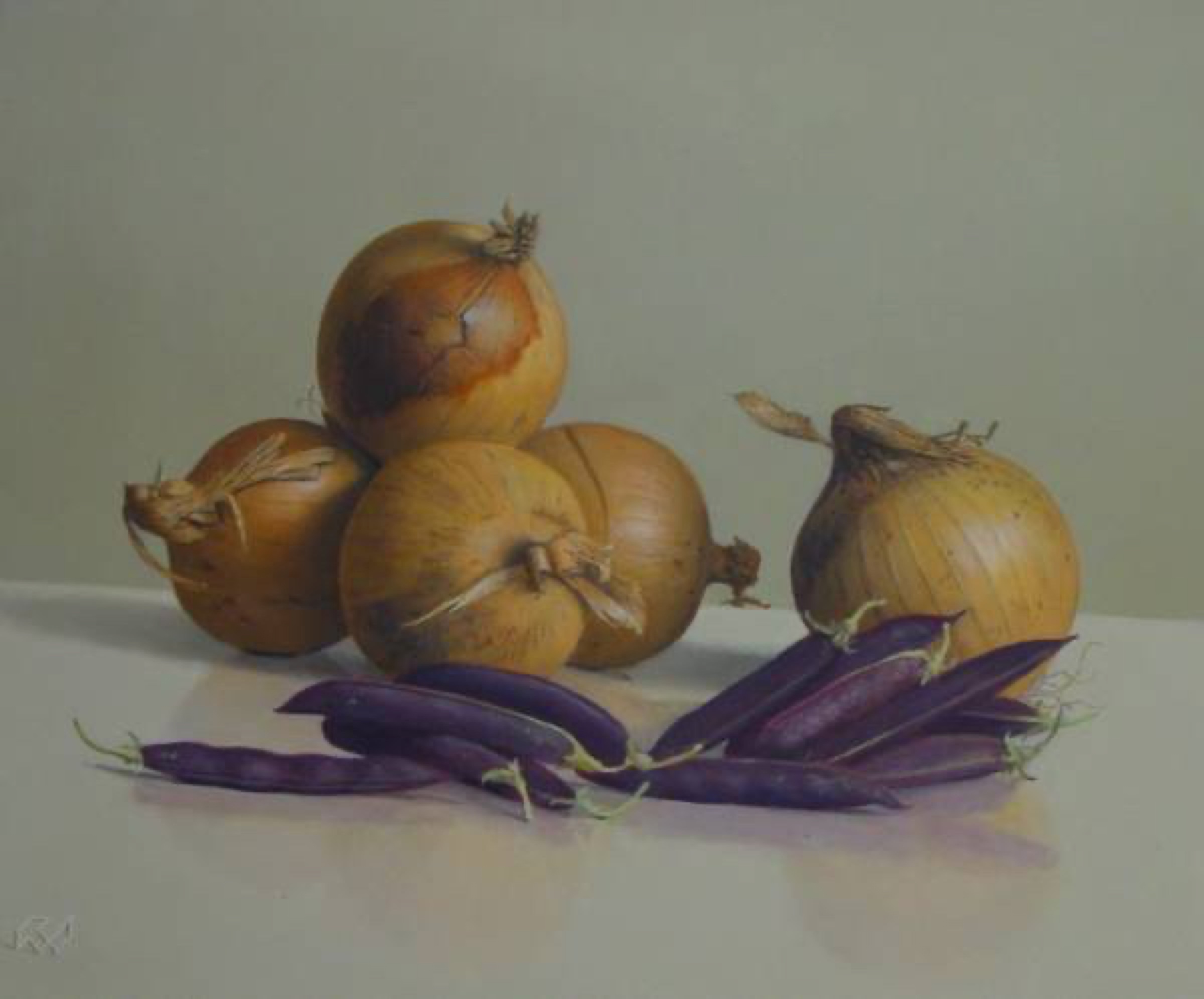 Klaas Wiedijk, Uien met paarse peulen (Onions with Purple Pea Pods) — Still life, Oil on panel