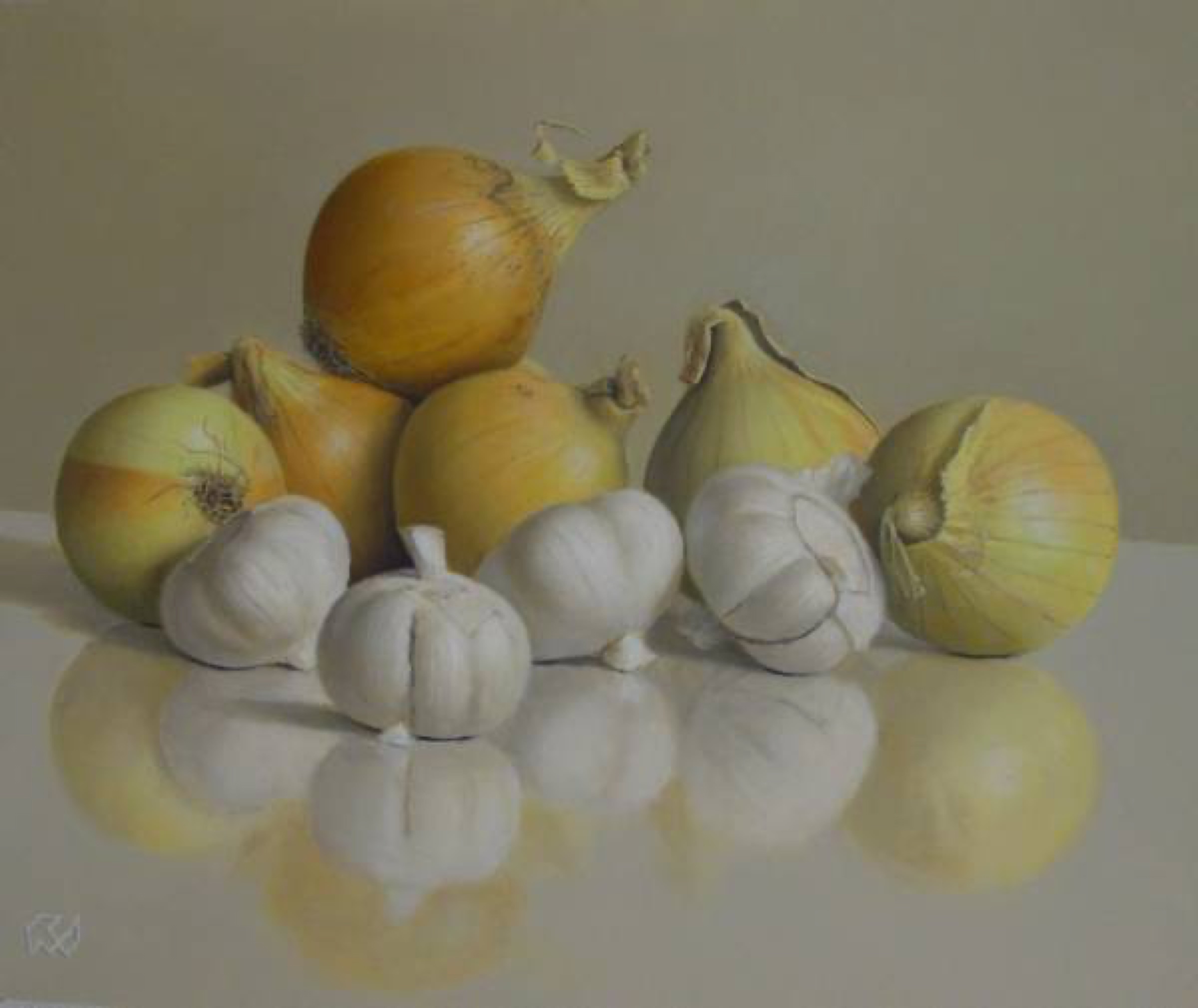 Klaas Wiedijk, Uien en knoflook (Onions and Garlic) — Still life, Oil on panel