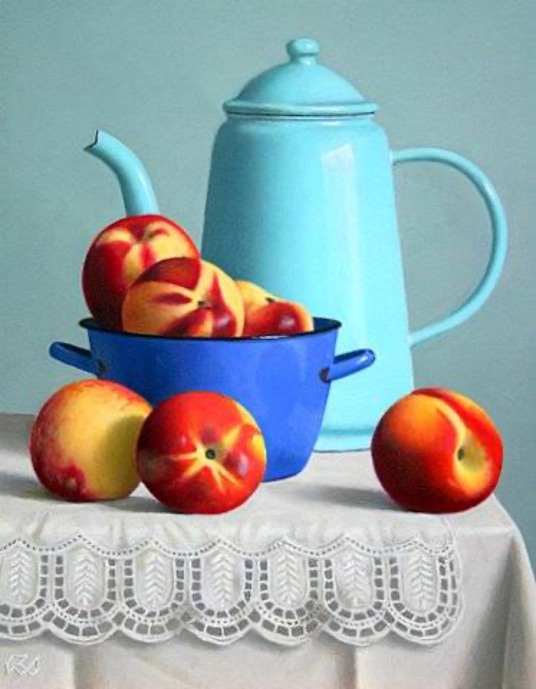 Klaas Wiedijk, Emaillen koffiepot met nectarines (Enamel Coffee Pot with Nectarines) — Still life, Oil on panel