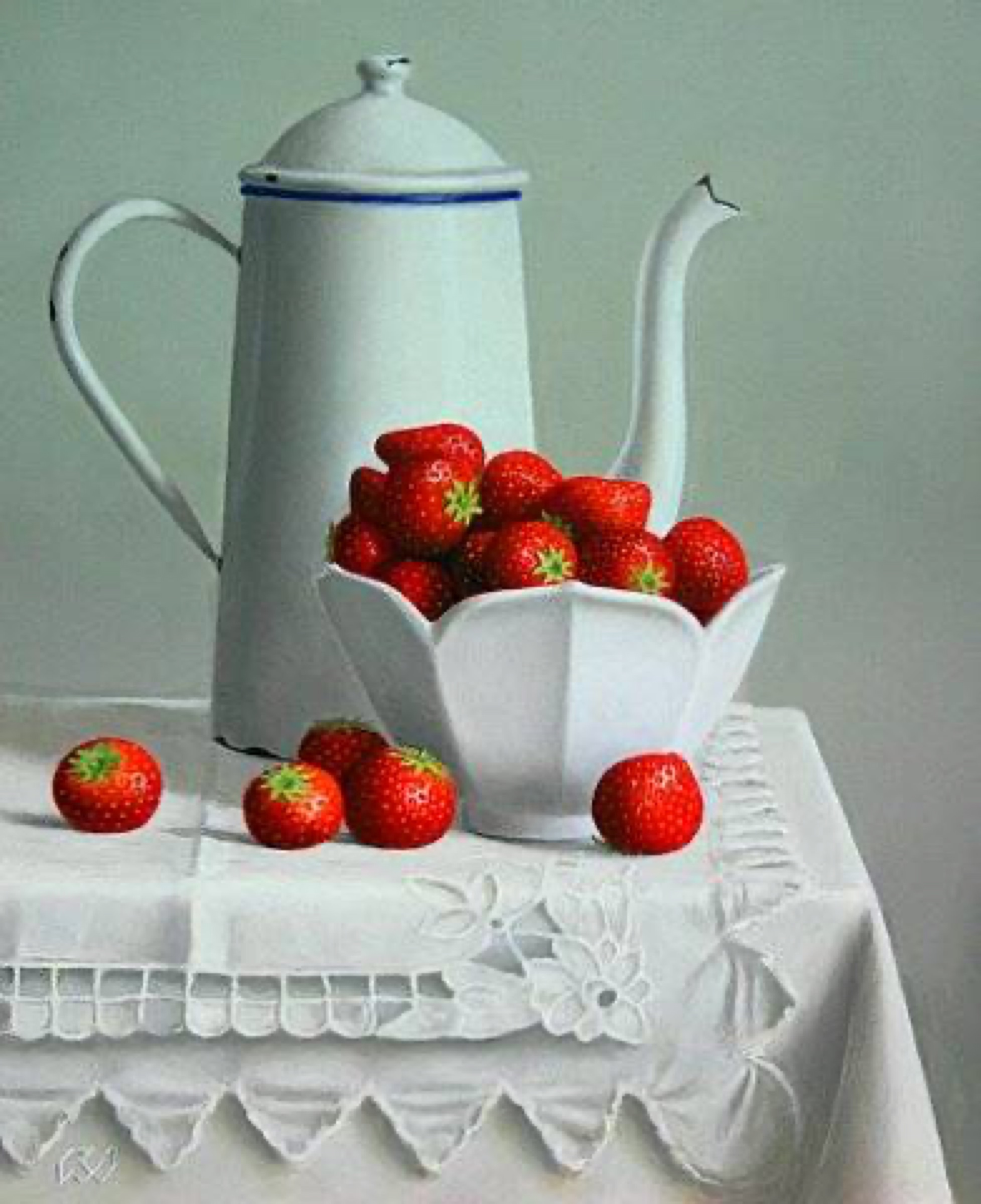 Klaas Wiedijk, Witte koffiepot met aardbeien (White Coffee Pot with Strawberries) — Still life, Oil on panel