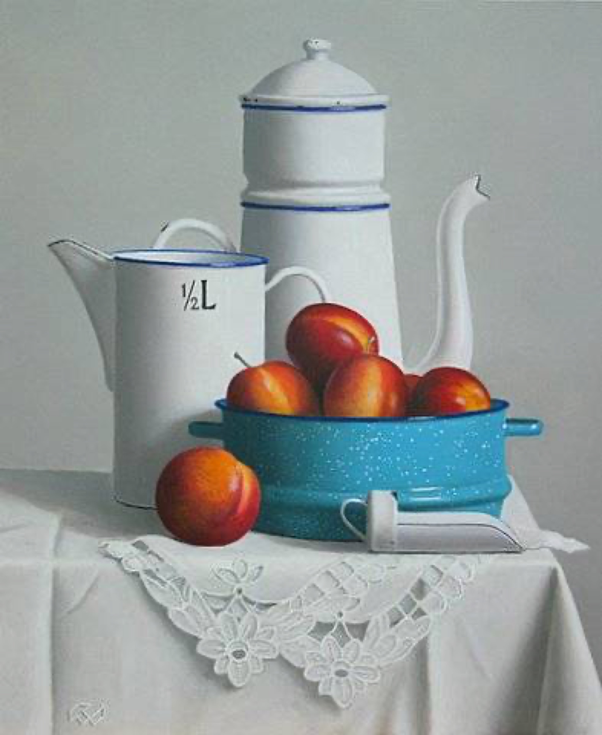 Klaas Wiedijk, Emaille met pruimen (Enamelware with Plums) — Still life, Oil on panel