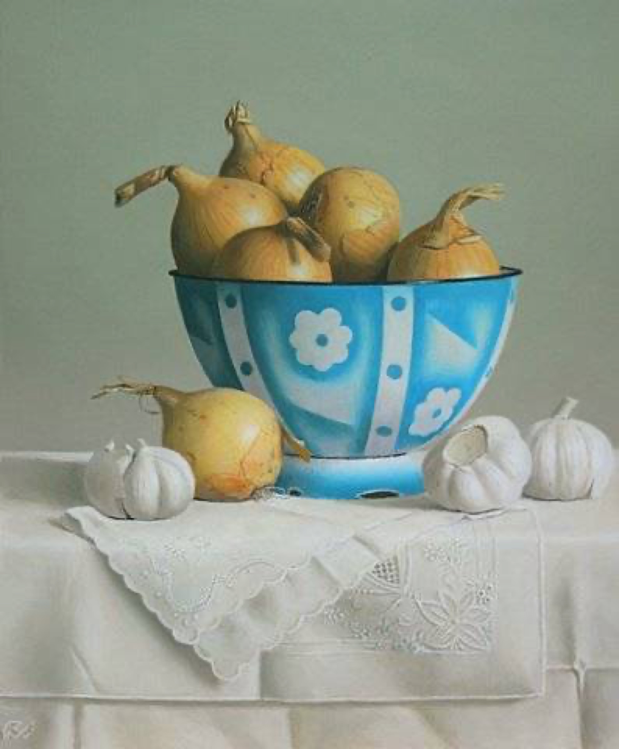 Klaas Wiedijk, Blauwe schaal met uien (Blue Bowl with Onions) — Still life, Oil on panel