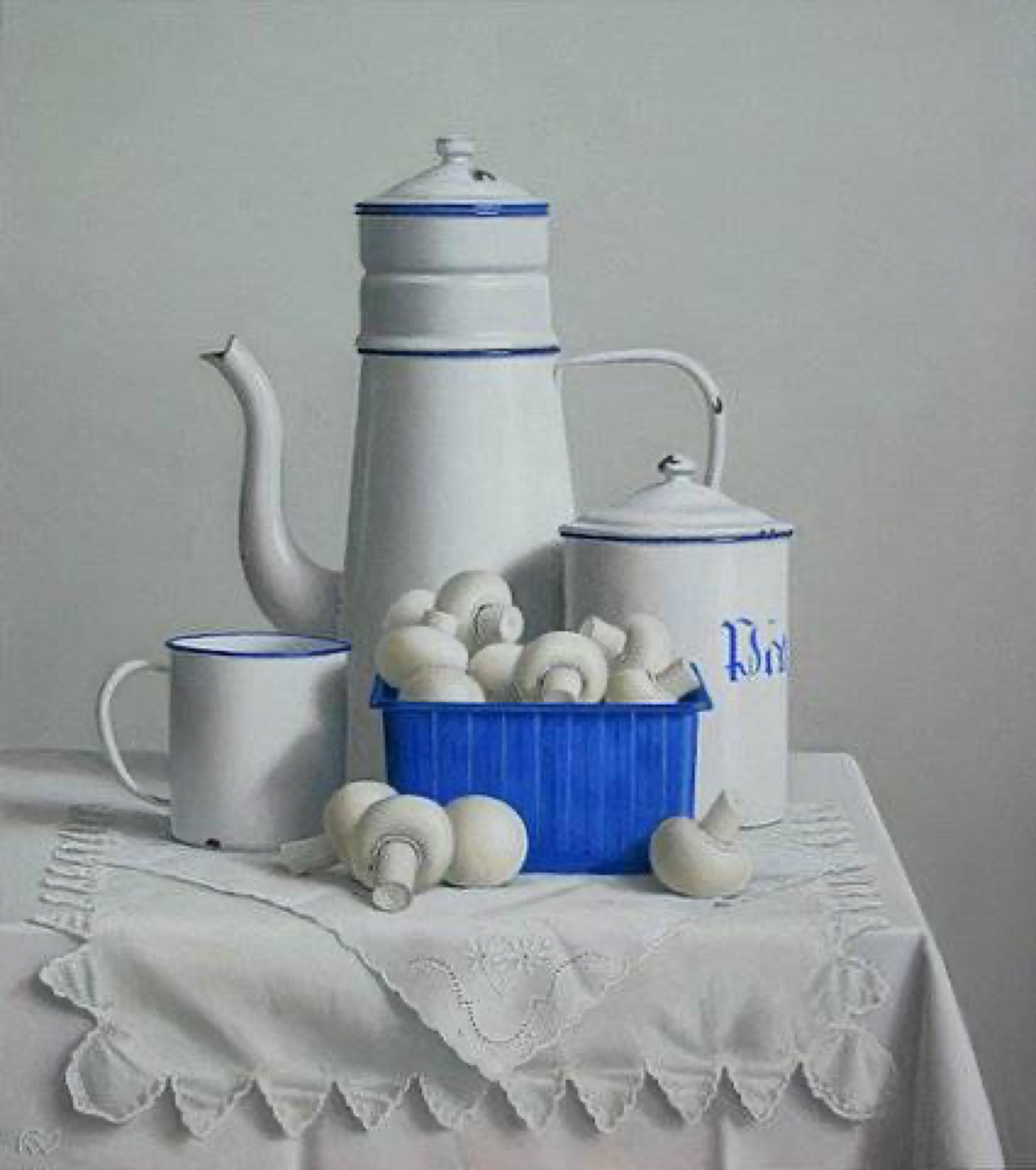 Klaas Wiedijk, Emaille met champignons (Enamelware with Mushrooms) — Still life, Oil on panel