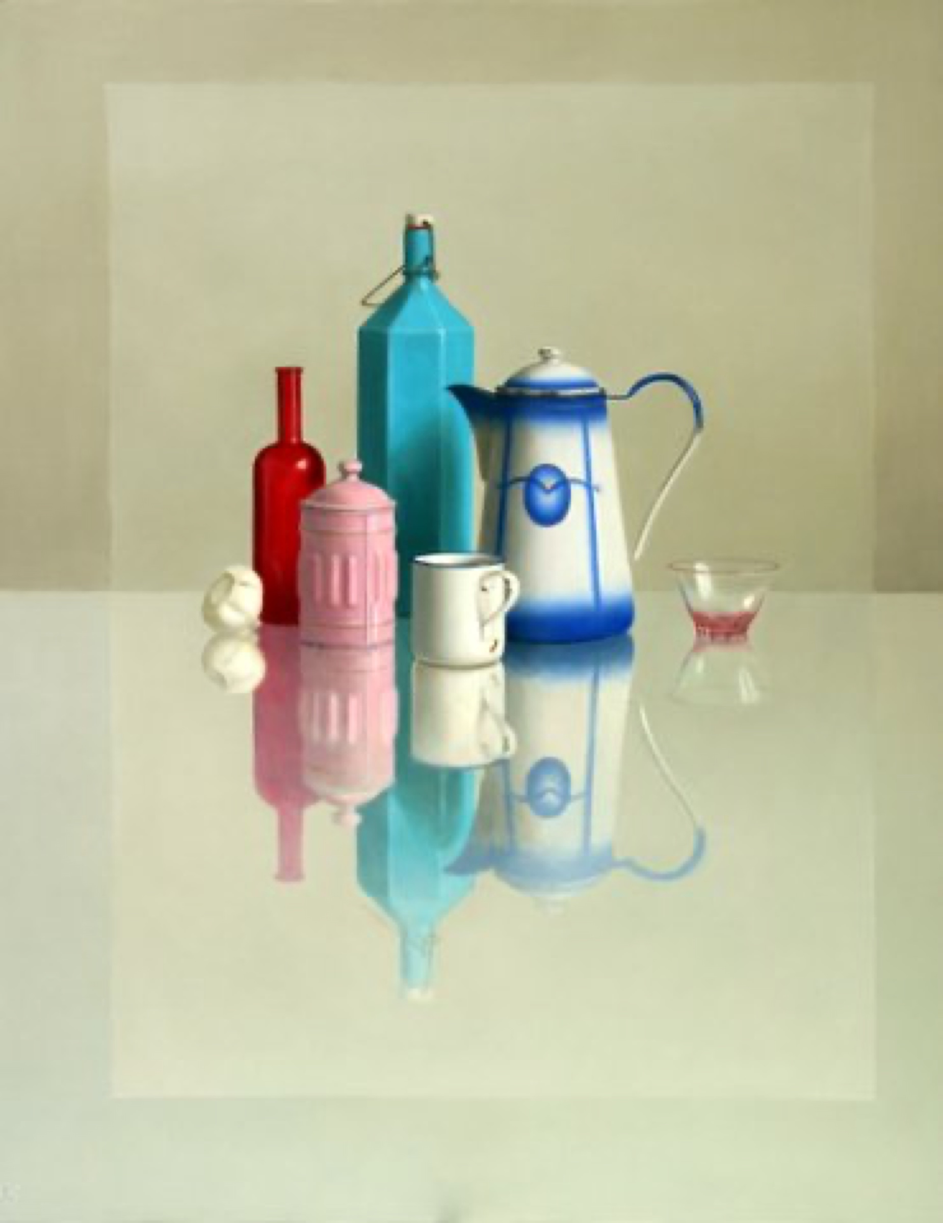 Klaas Wiedijk, Flessen en koffiepot (Bottles and a Coffee Pot) — Still life, Oil on panel