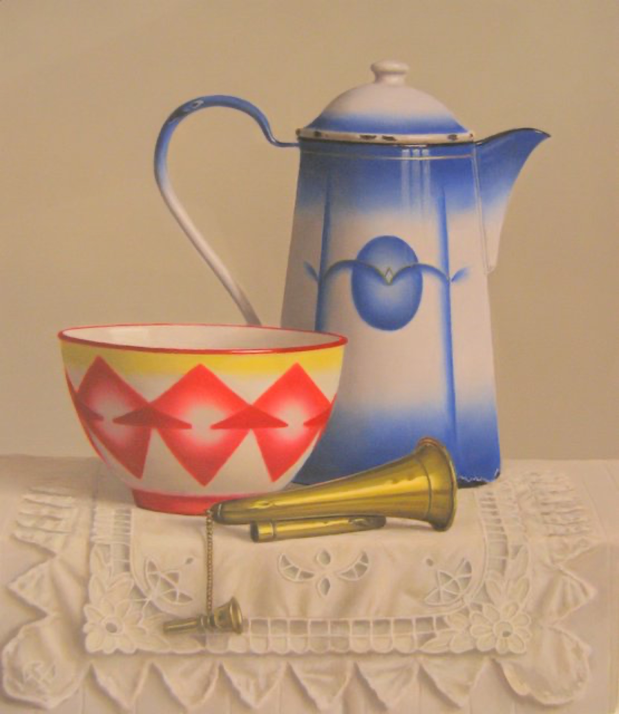 Klaas Wiedijk, Koffiepot met schaal en hoorn (Coffee Pot with Bowl and Horn) — Still life, Oil on panel