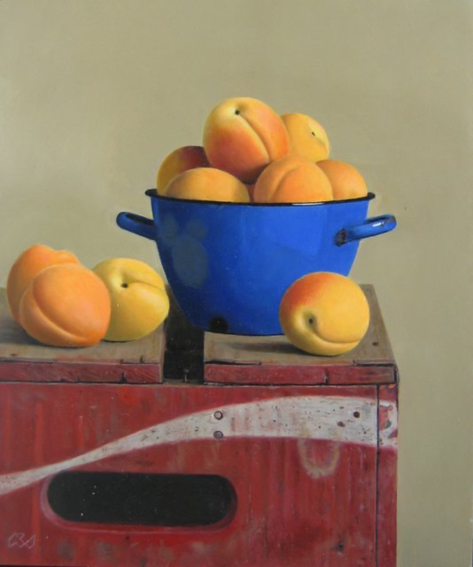 Klaas Wiedijk, Abrikozen in blauwe vergiet (Apricots in a Blue Colander) — Still life, Oil on panel