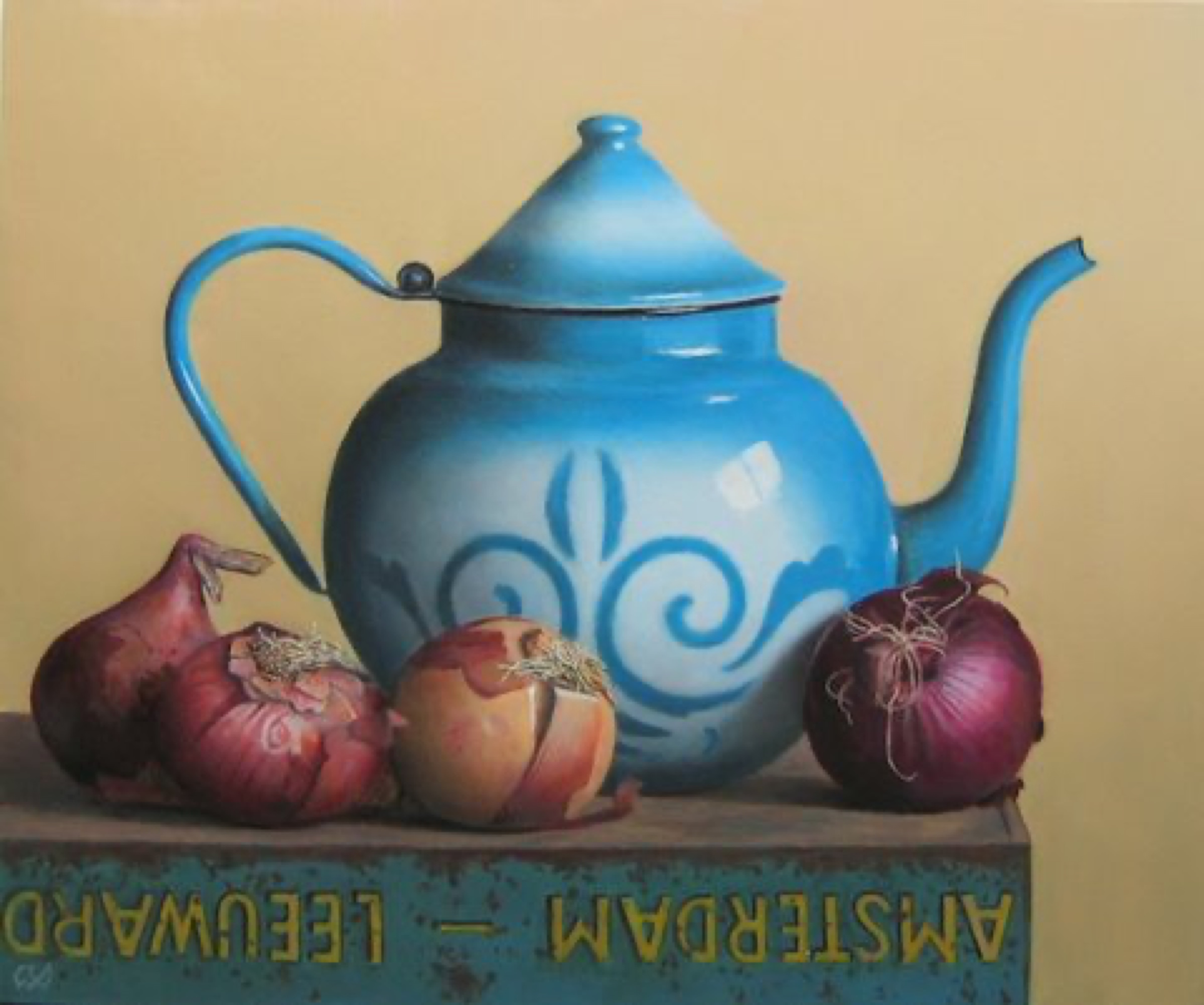 Klaas Wiedijk, Stilleven met blauwe theepot en uien (Still Life with a Blue Teapot and Onions) — Still life, Oil on panel