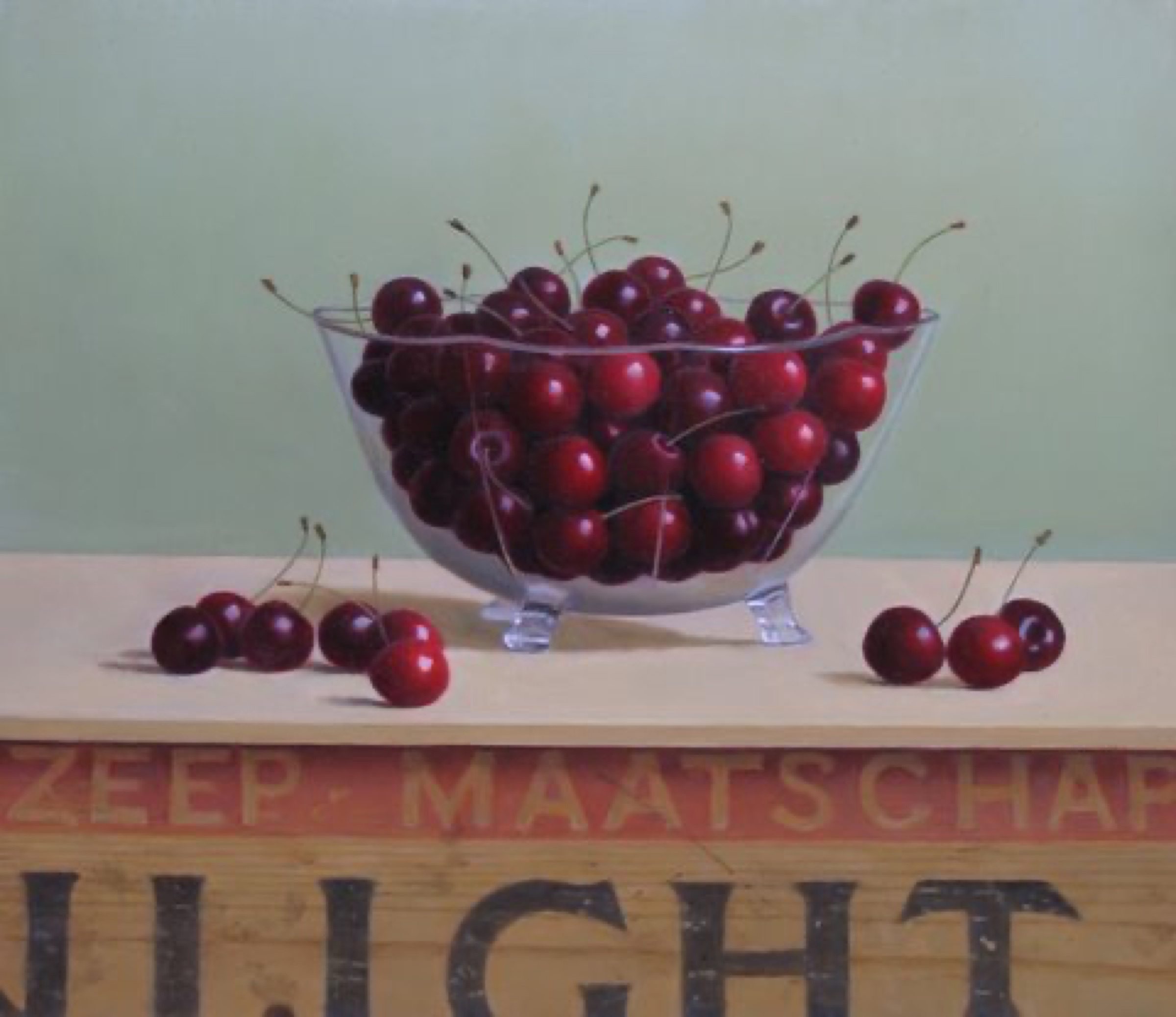 Klaas Wiedijk, Kersen in glazen schaal (Cherries in a Glass Bowl) — Still life, Oil on panel