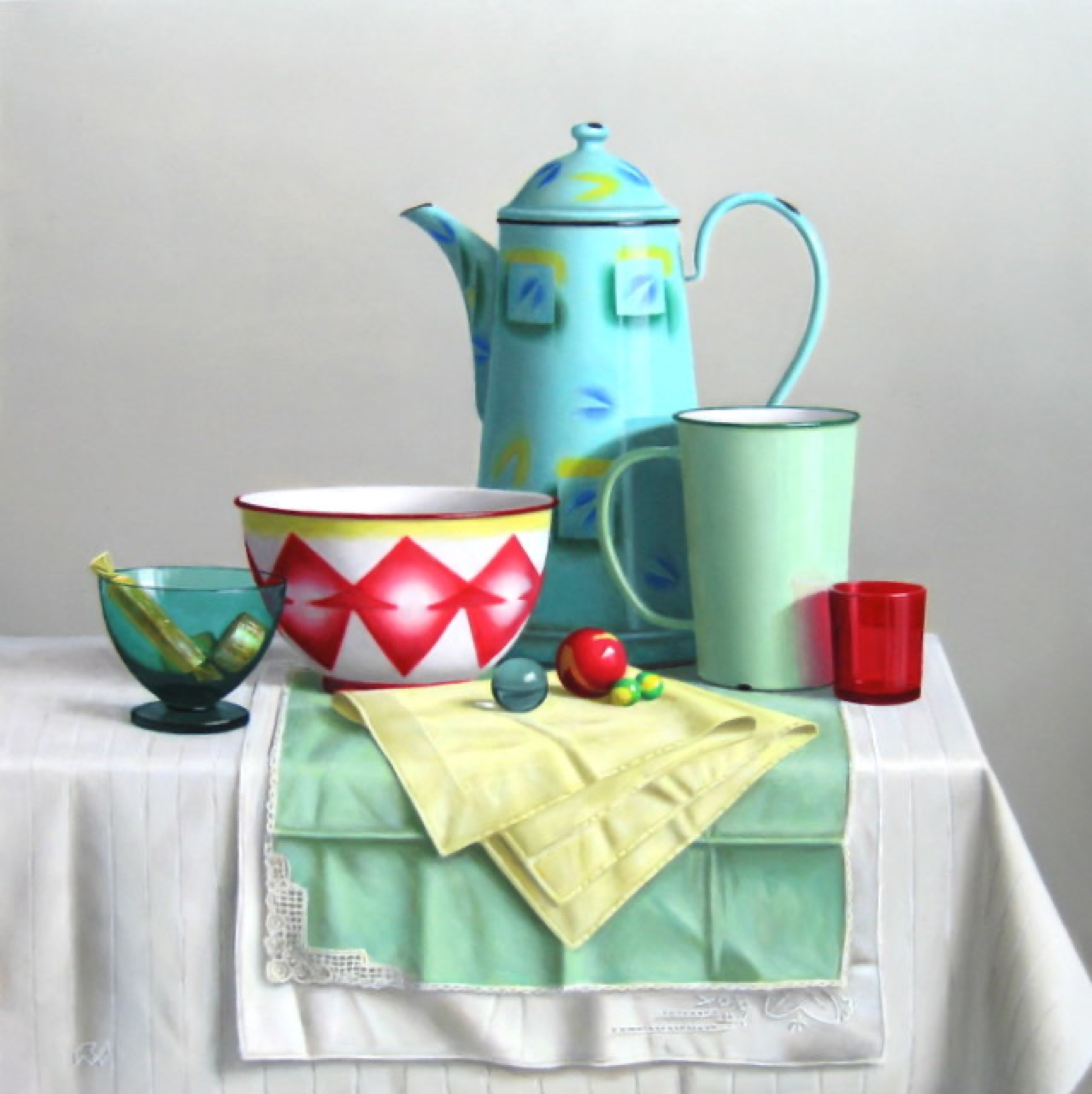 Klaas Wiedijk, Stilleven met blauwe koffiepot en knikkers (Still Life with a Blue Coffee Pot and Marbles) — Still life, Oil on panel