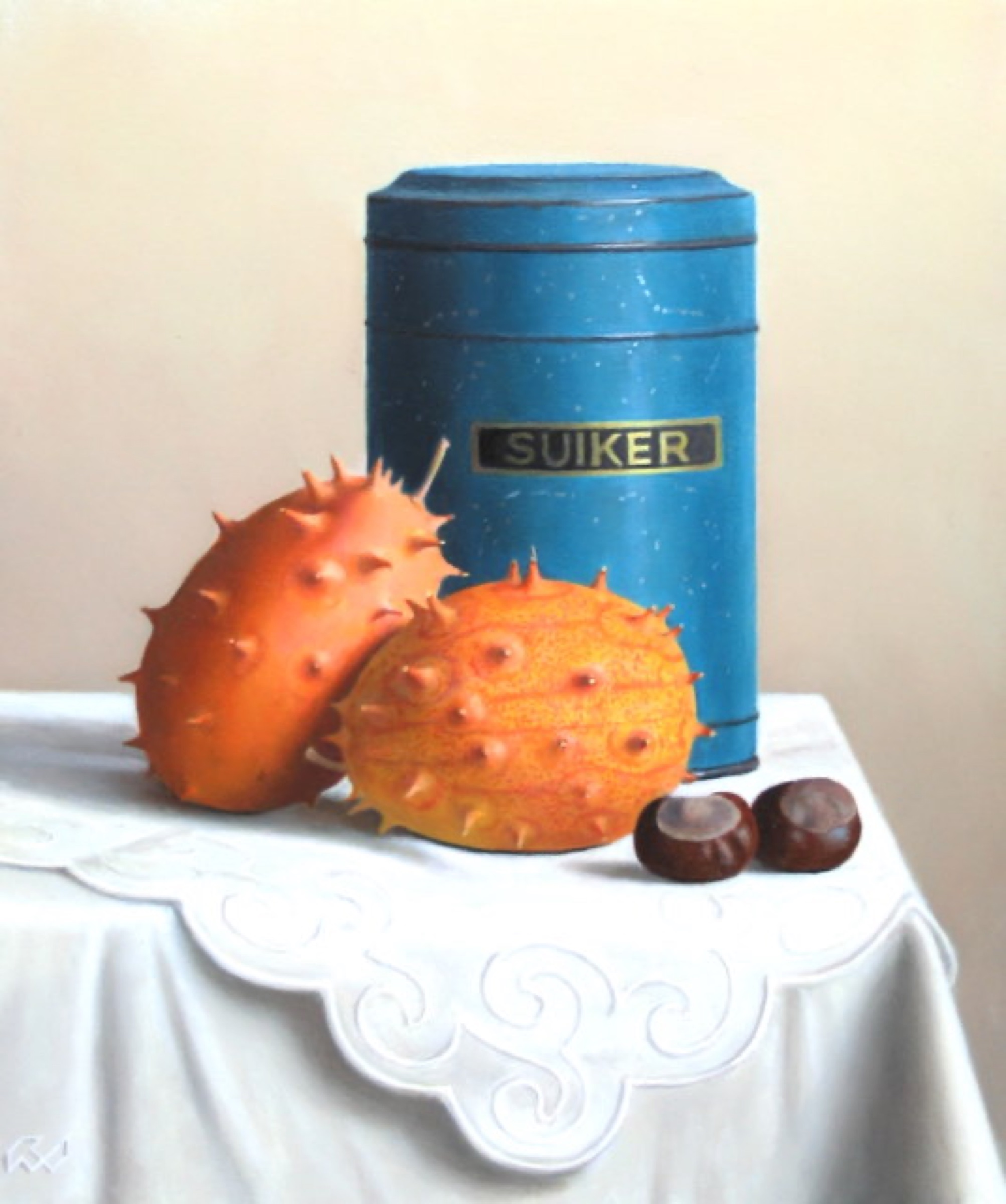 Klaas Wiedijk, Stilleven met suikerblik en kiwano's (Still Life with a Sugar Tin and Kiwanos) — Still life, Oil on panel