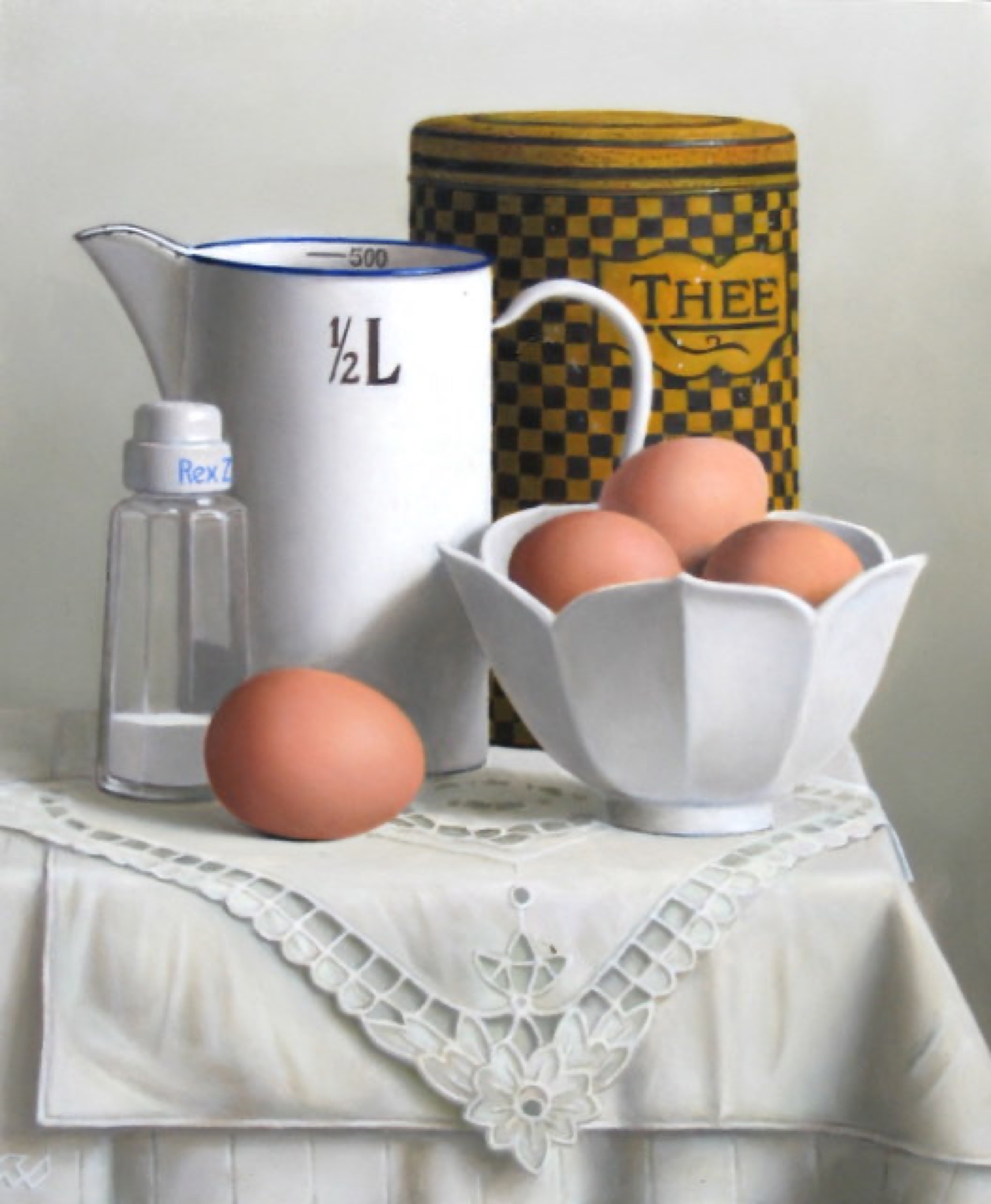 Klaas Wiedijk, Stilleven met eieren en theeblik (Still Life with Eggs and a Tea Tin) — Still life, Oil on panel