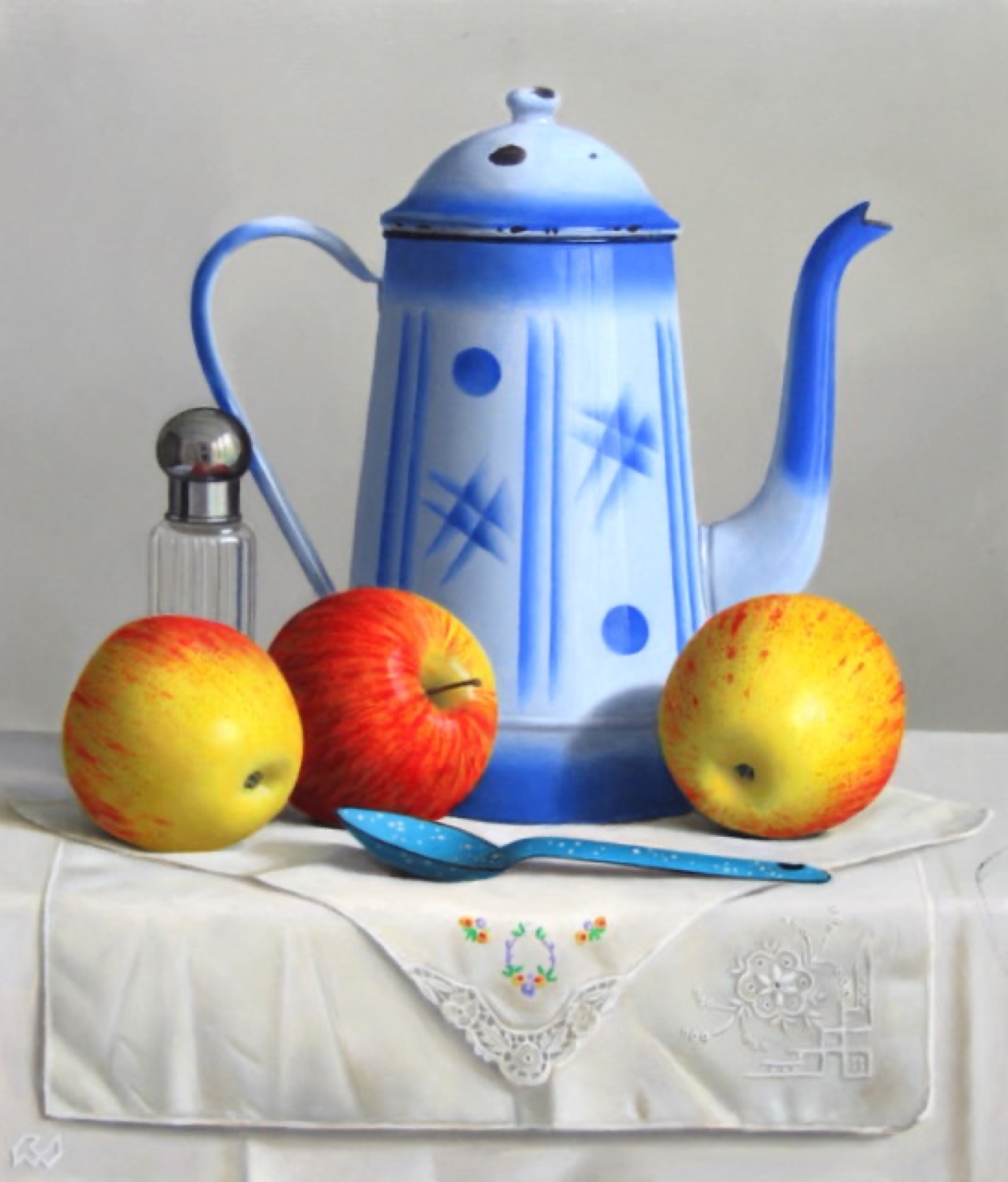 Klaas Wiedijk, Stilleven met blauwe koffiepot en appels (Still Life with a Blue Coffee Pot and Apples) — Still life, Oil on panel