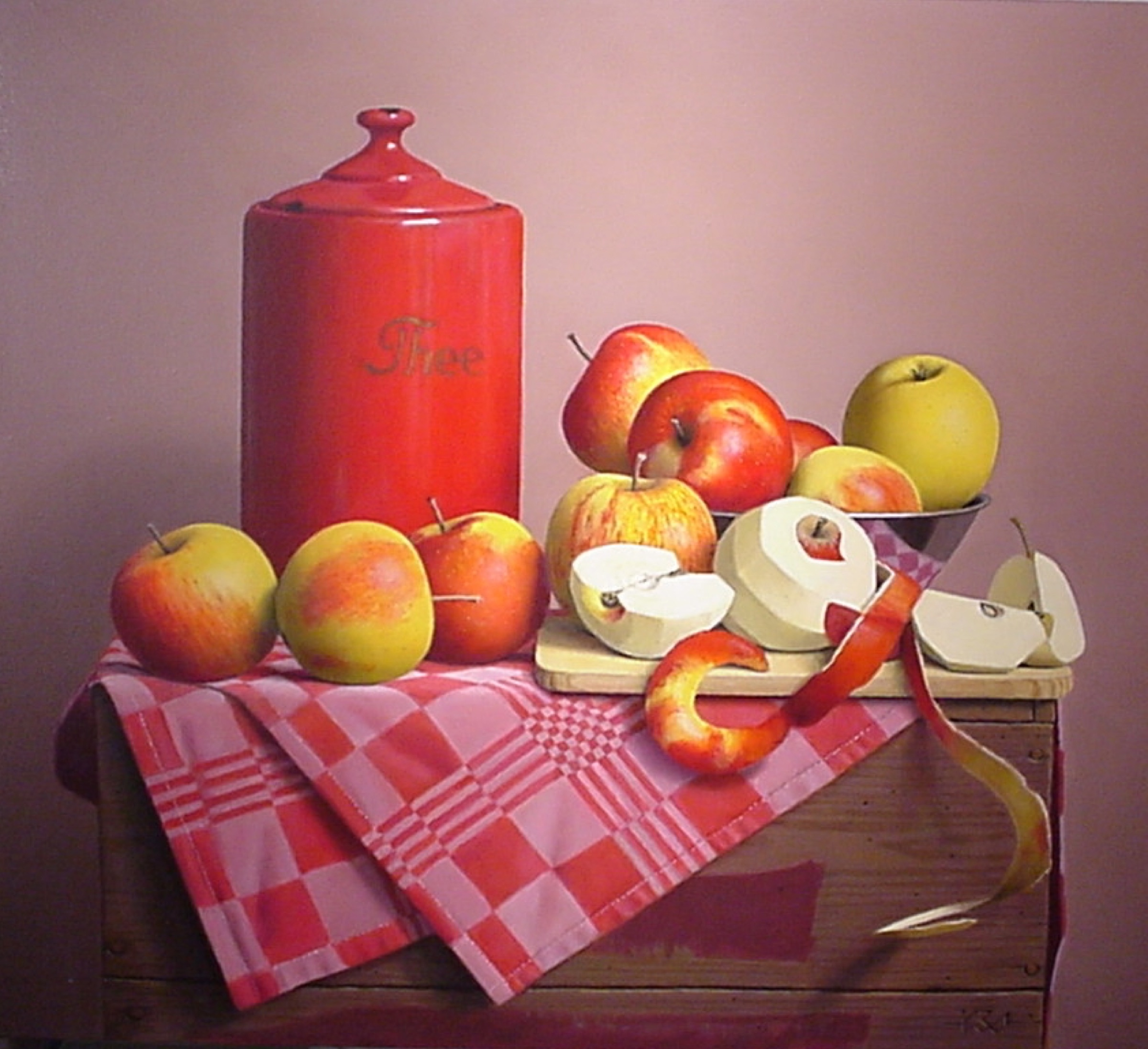 Klaas Wiedijk, Appels met theebus (Apples with a Tea Tin) — Still life, Oil on panel