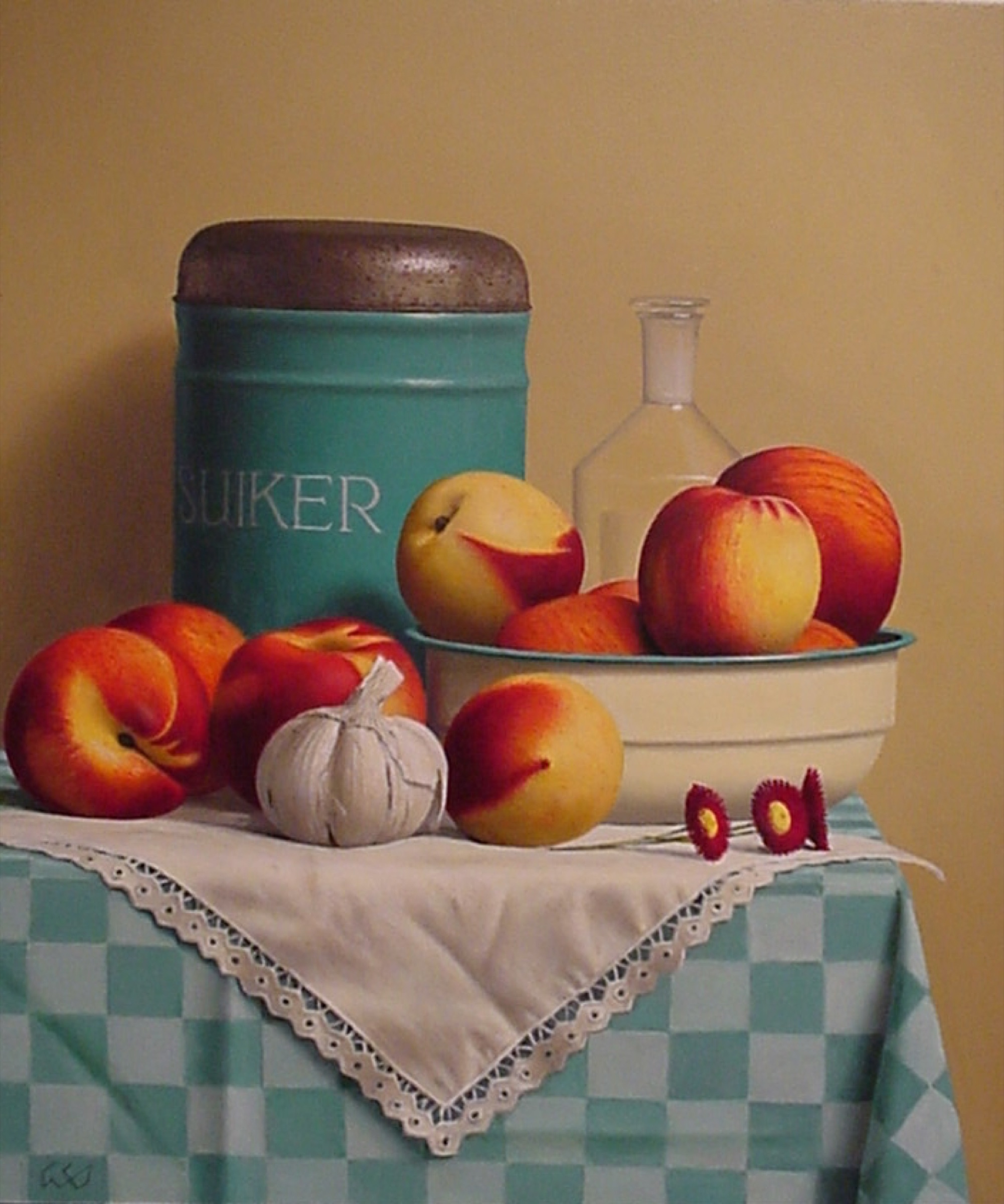 Klaas Wiedijk, Suikerbus met nectarines (Sugar Tin with Nectarines) — Still life, Oil on panel