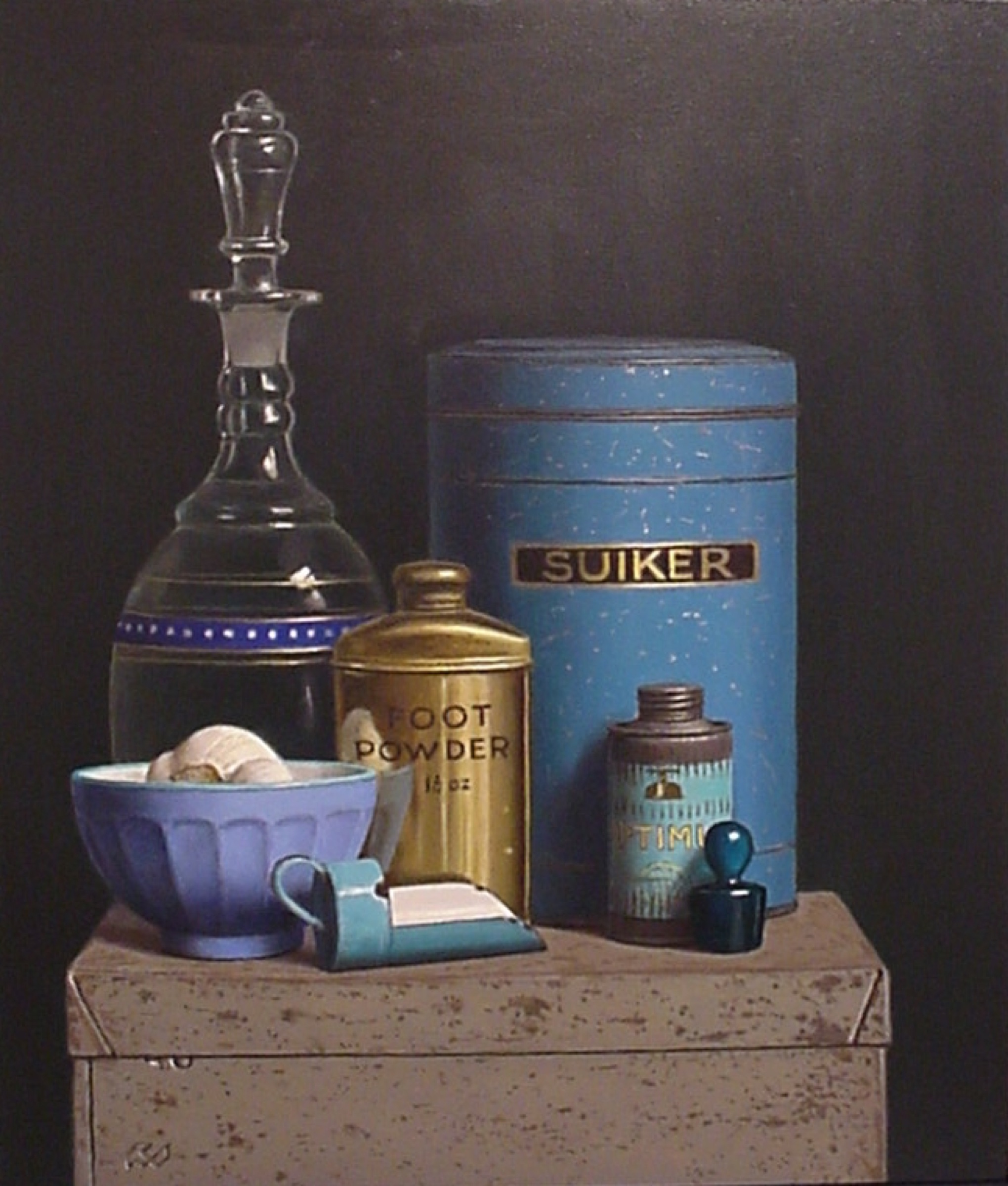 Klaas Wiedijk, Suikerblik en flacon (Sugar Tin and Flask) — Still life, Oil on panel