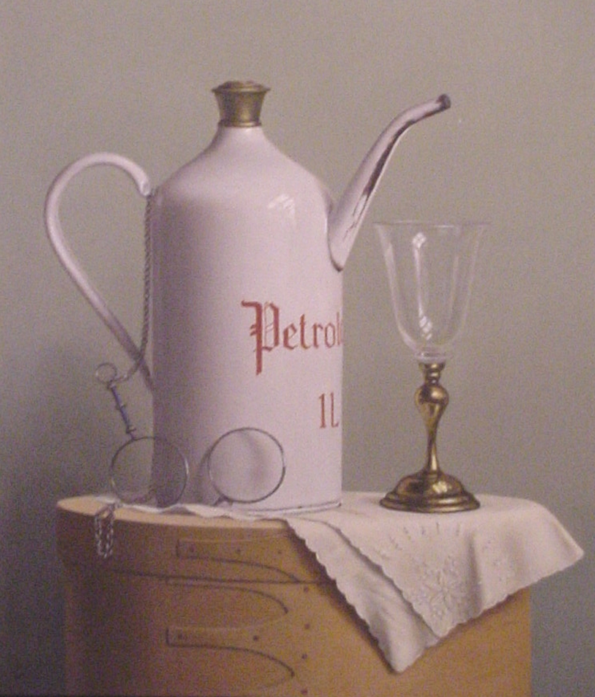 Klaas Wiedijk, Petroleumkan met brilletje (Oil Can with Spectacles) — Still life, Oil on panel