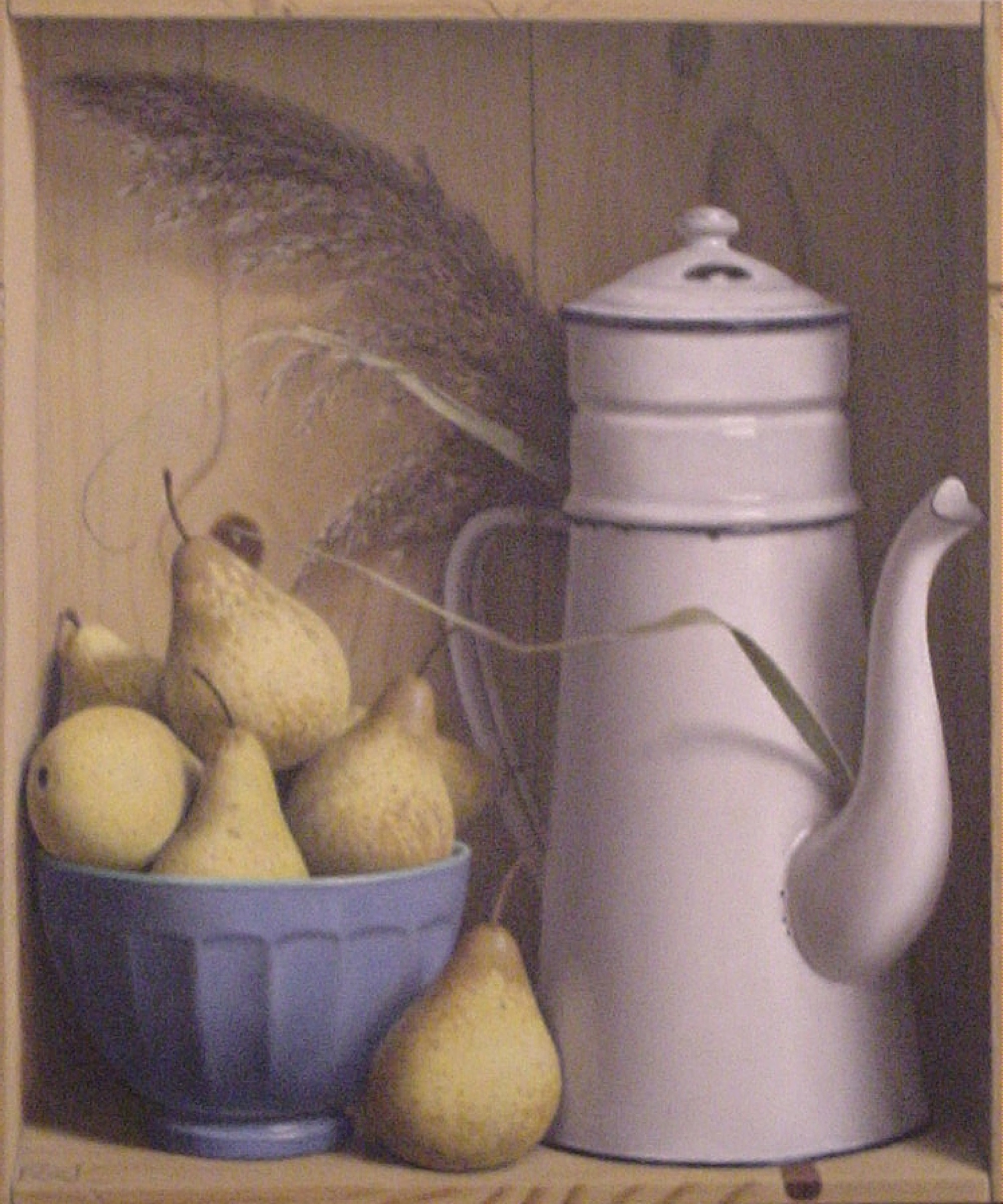 Klaas Wiedijk, Peren bij witte koffiepot (Pears beside a White Coffee Pot) — Still life, Oil on panel