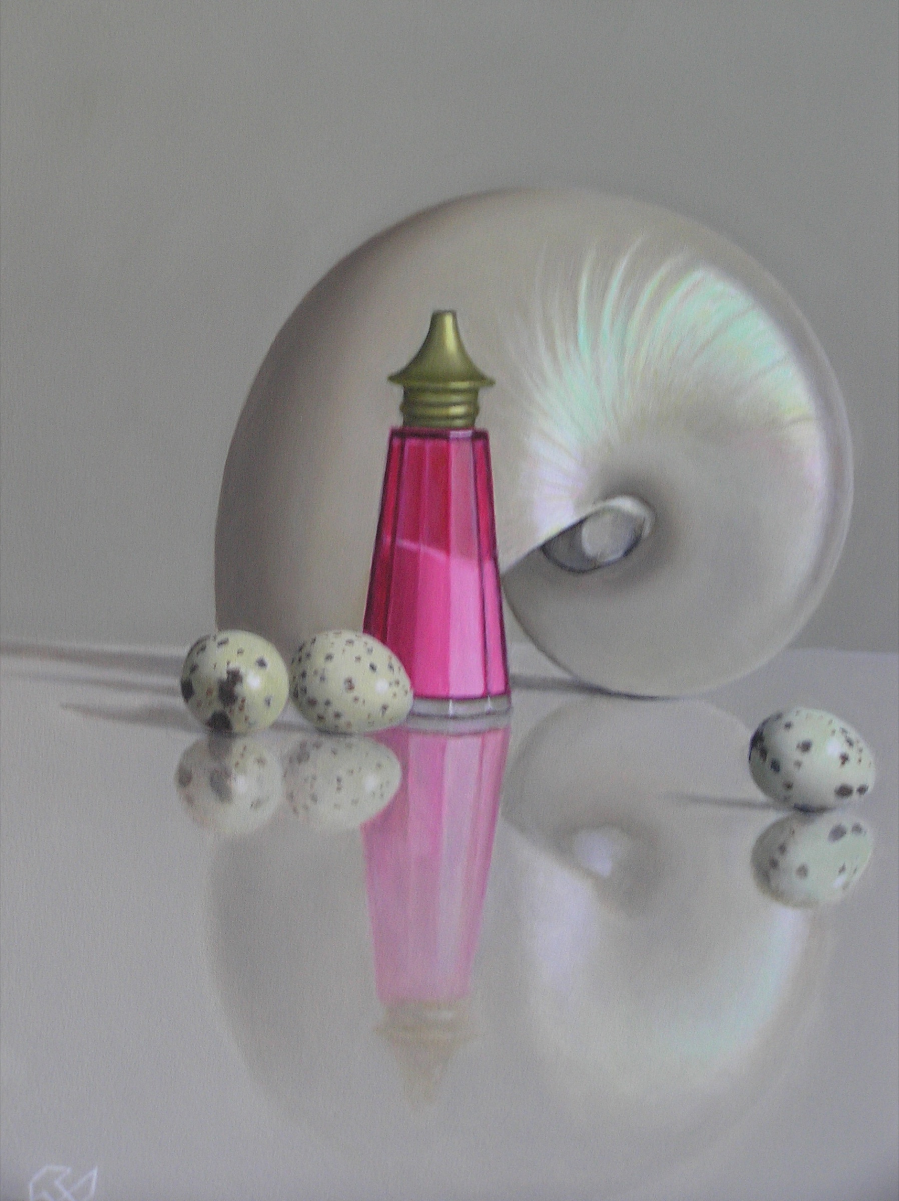 Klaas Wiedijk, Nautilus met roze flacon (Nautilus with a Pink Flask) — Still life, Oil on panel