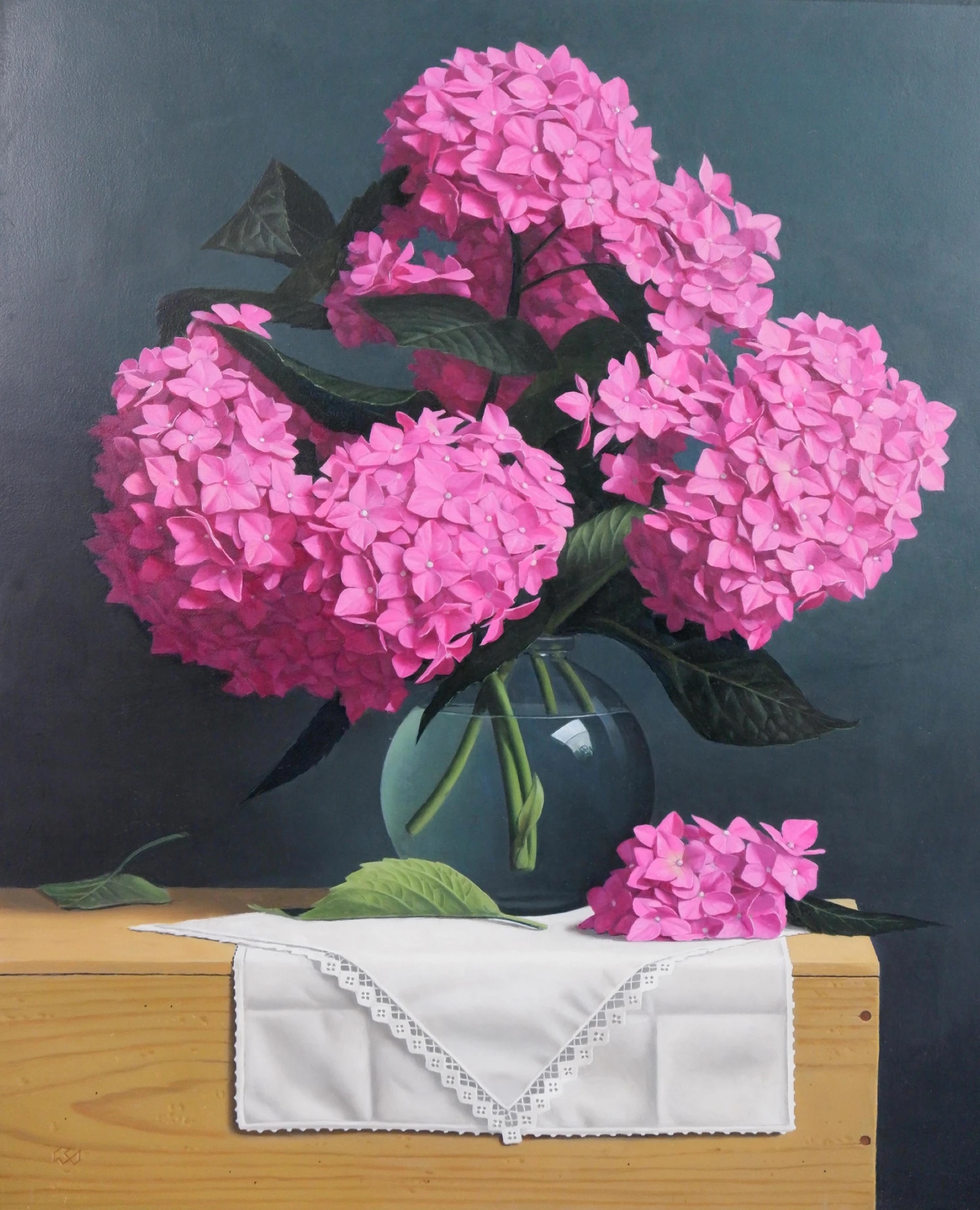 Klaas Wiedijk, Roze hortensia (Pink Hydrangea) — Still life, Oil on panel