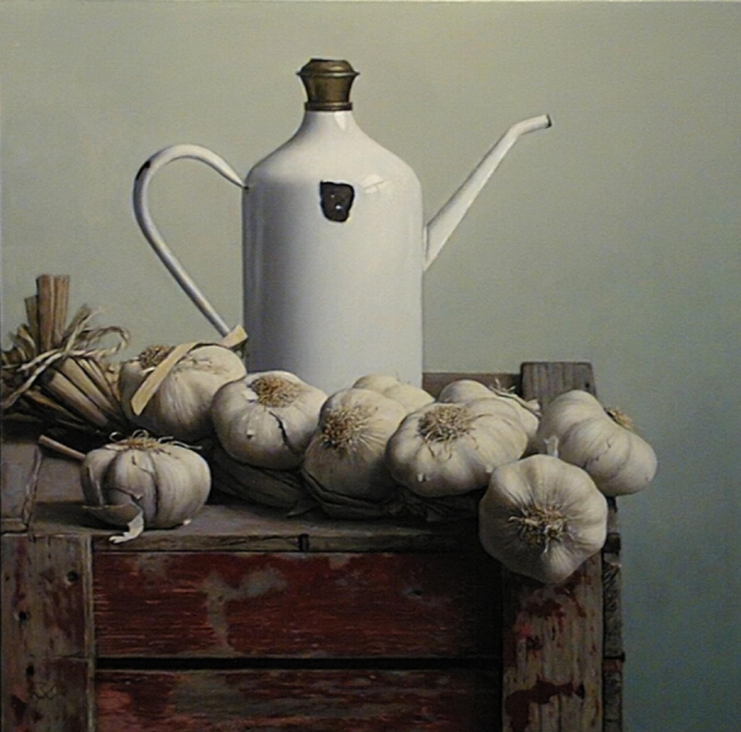 Klaas Wiedijk, Knoflook en oliekan (Garlic and an Oil Can) — Still life, Oil on panel