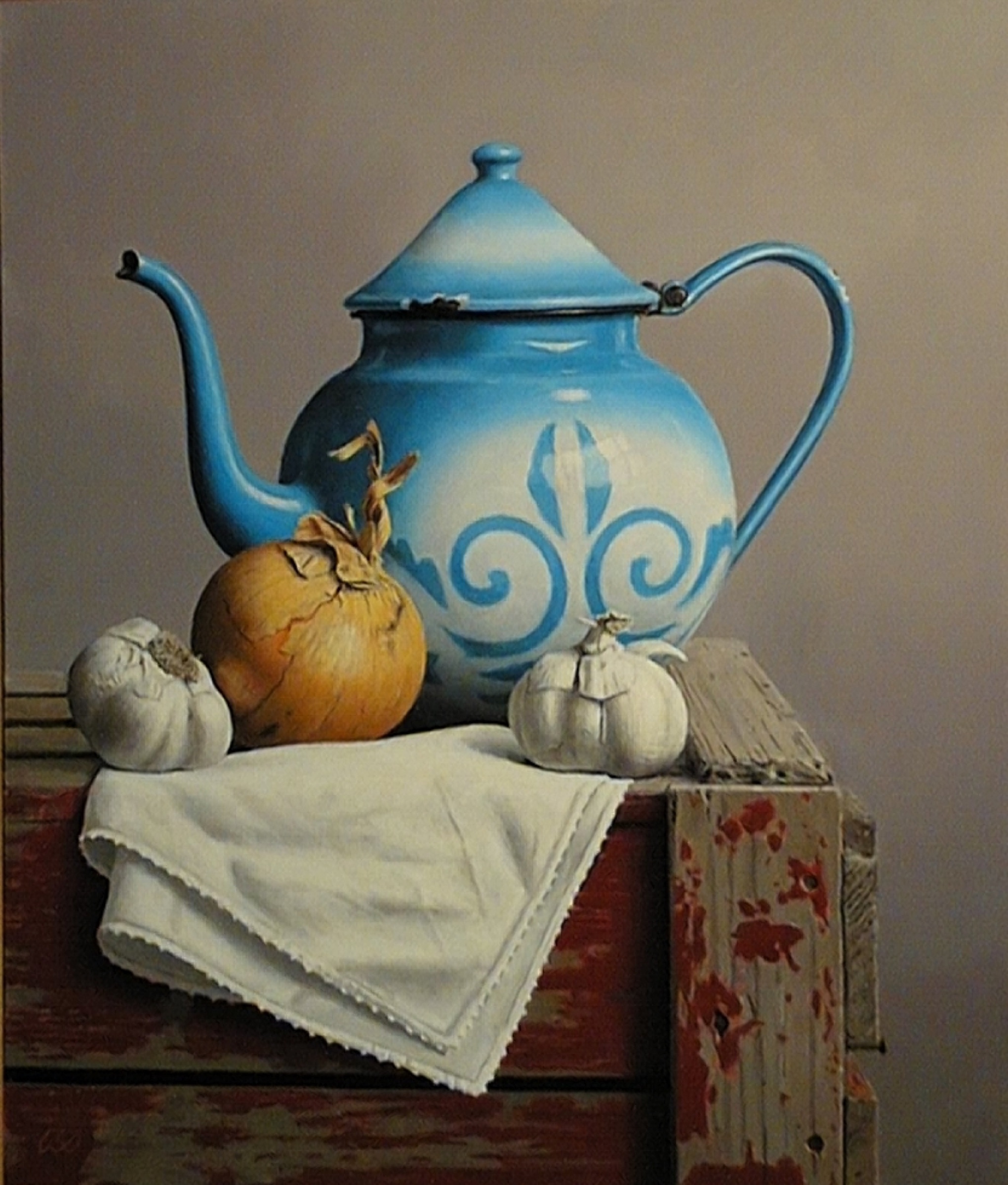 Klaas Wiedijk, Blauwe theepot met uien (Blue Teapot with Onions) — Still life, Oil on panel