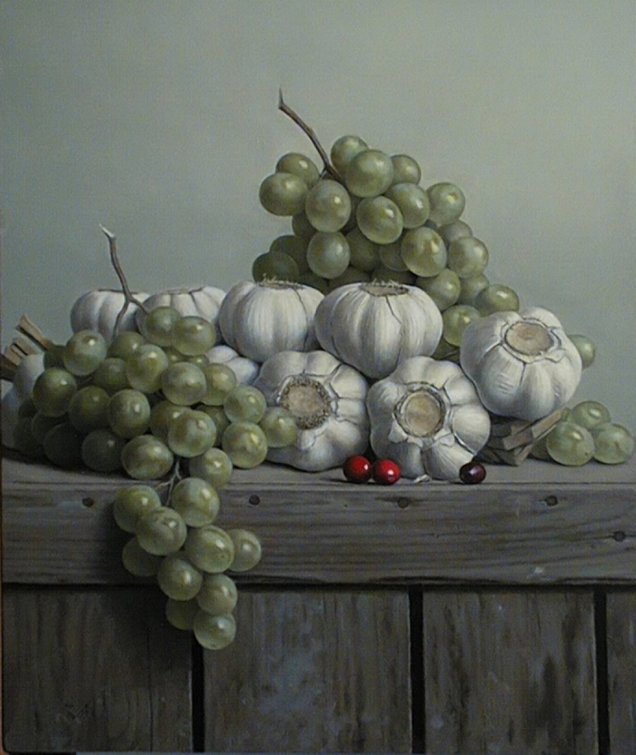 Klaas Wiedijk, Knoflook en druiven (Garlic and Grapes) — Still life, Oil on panel