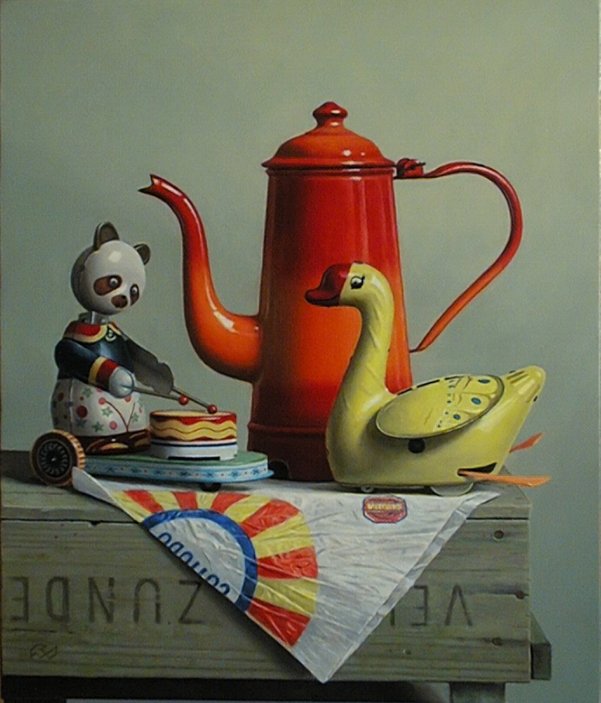 Klaas Wiedijk, Koffiepot met blikken speelgoed (Coffee Pot with a Tin Toy) — Still life, Oil on panel