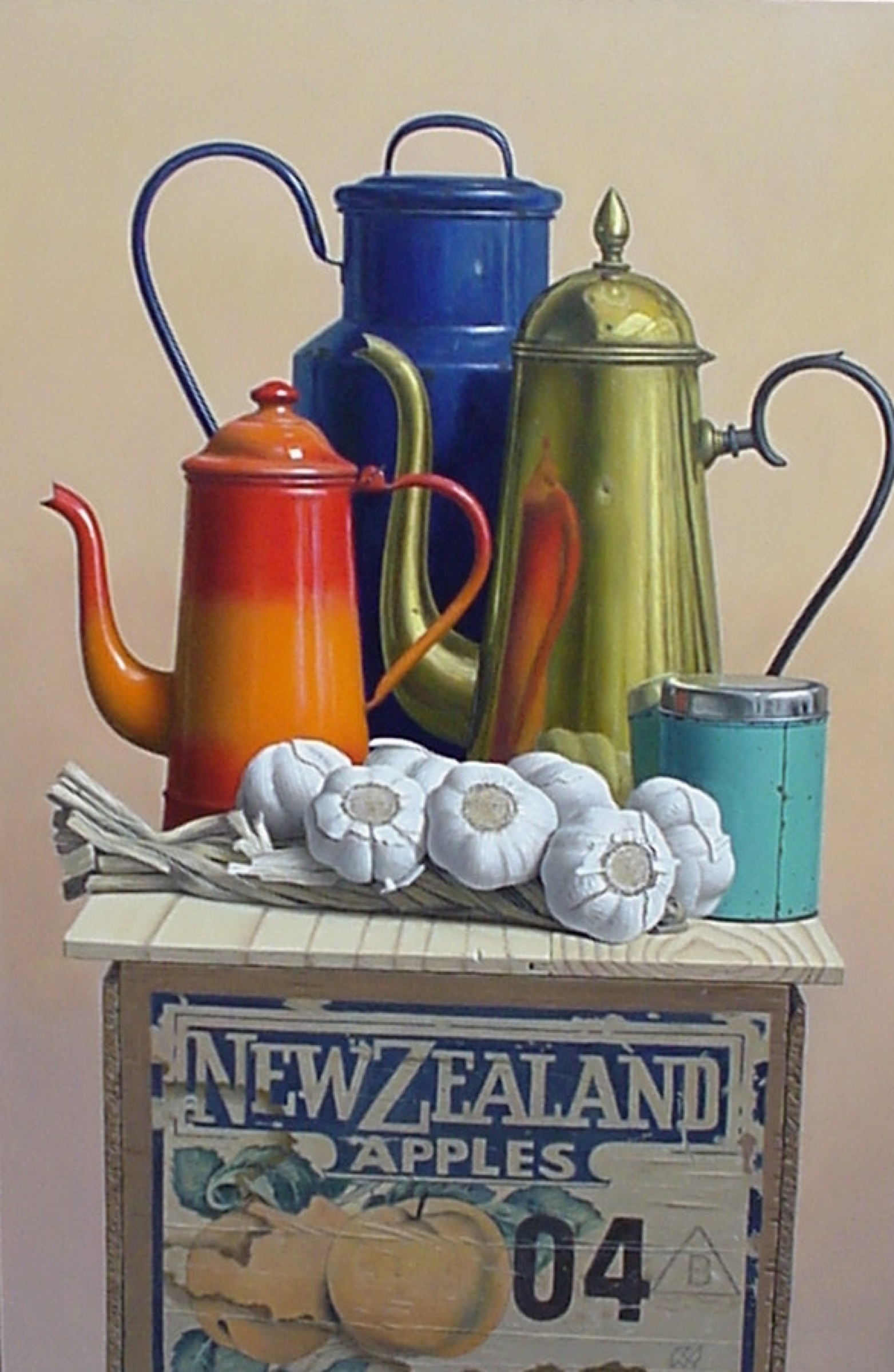 Klaas Wiedijk, Koffiekannen en knoflook (Coffee Pots and Garlic) — Still life, Oil on panel