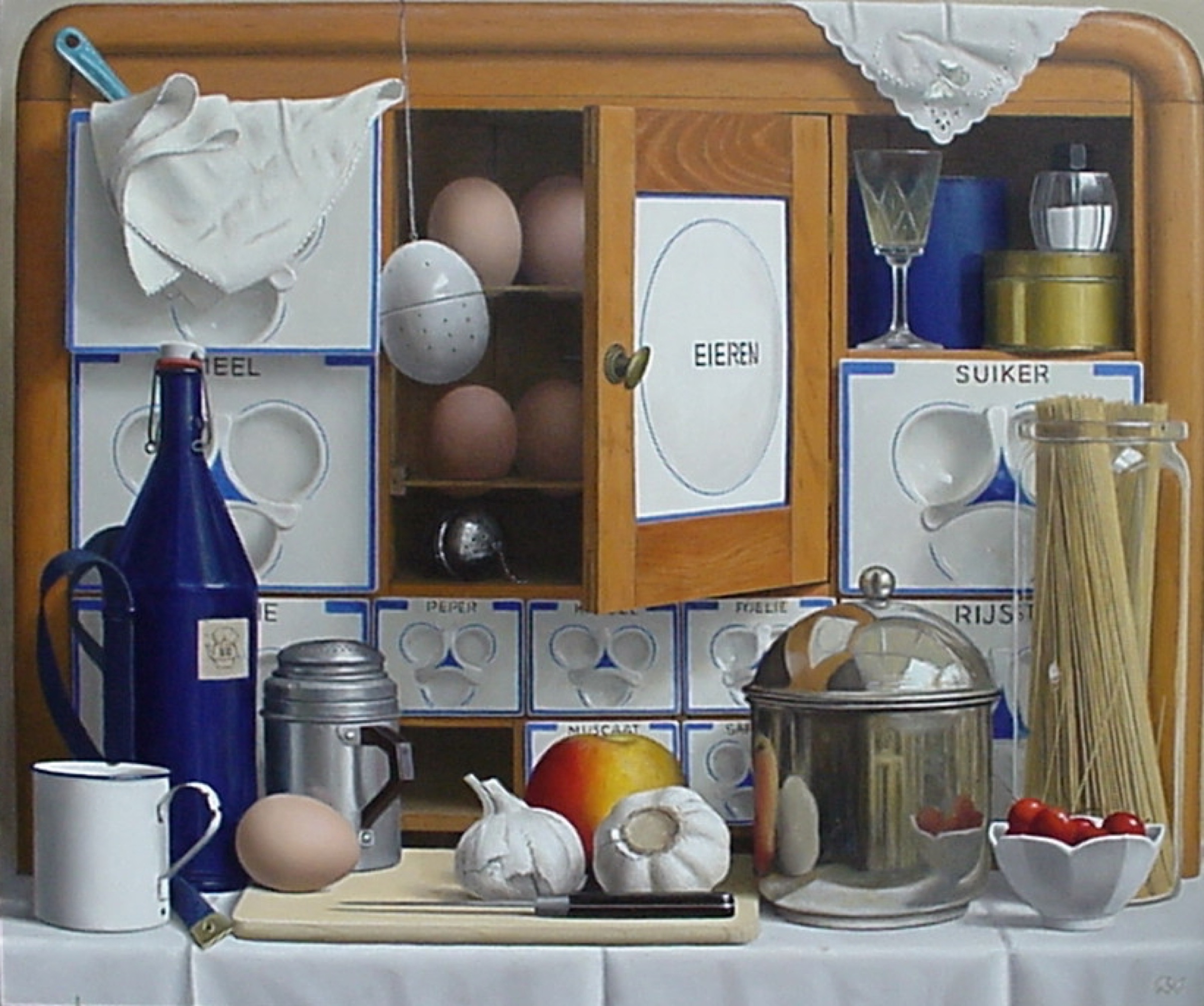 Klaas Wiedijk, Keukenkast met eieren (Kitchen Cupboard with Eggs) — Still life, Oil on panel