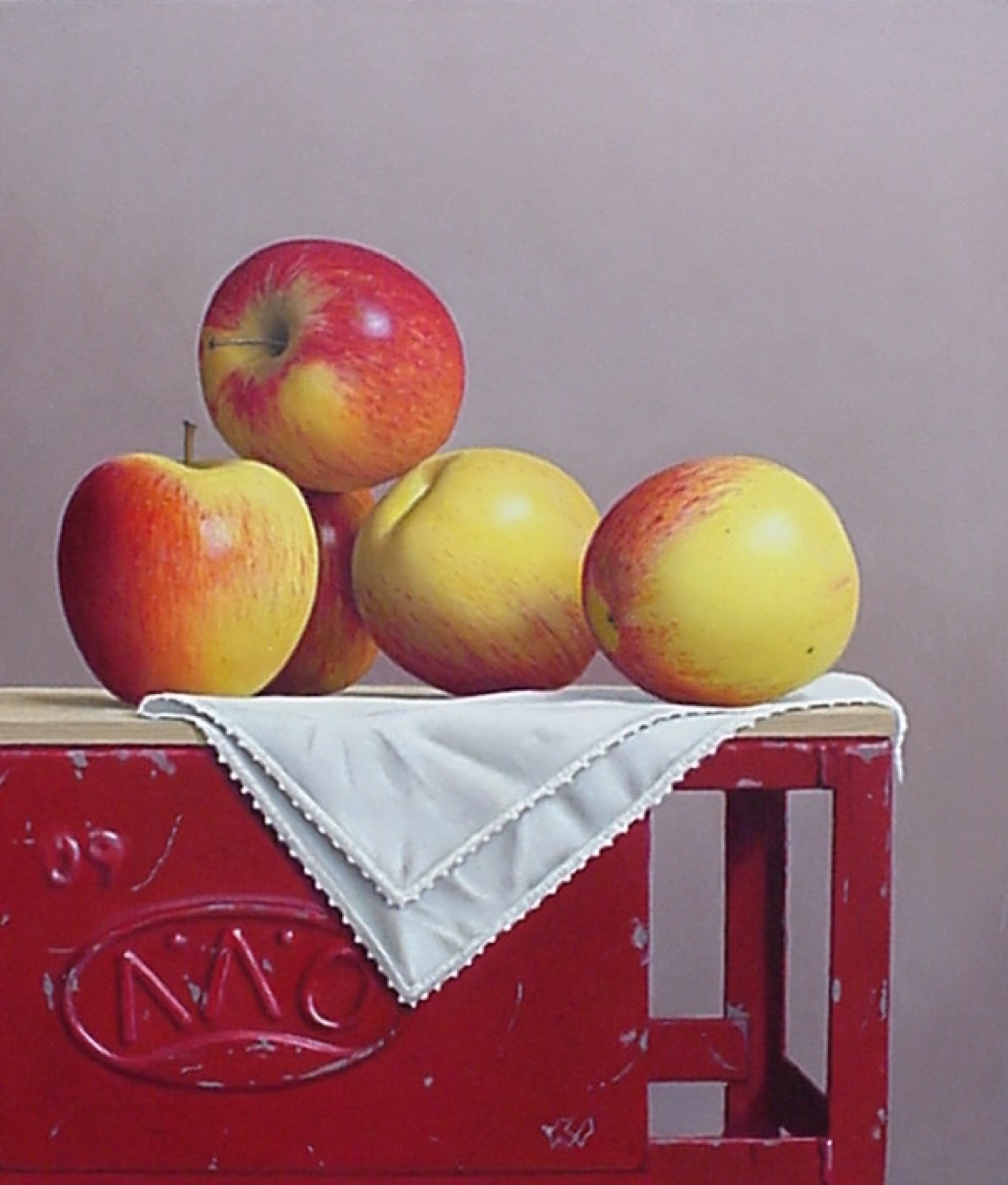 Klaas Wiedijk, Appels op rode kist (Apples on a Red Crate) — Still life, Oil on panel