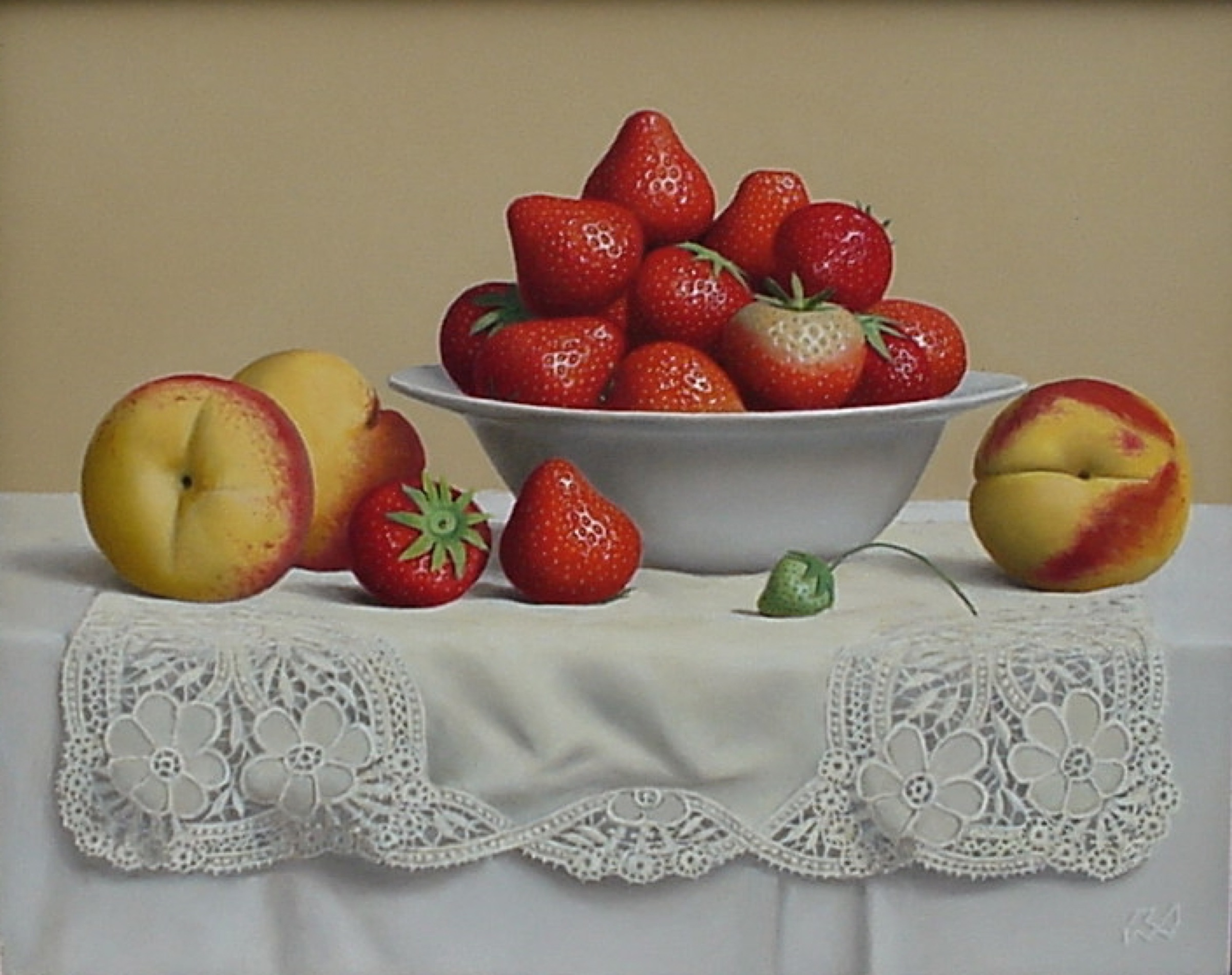 Klaas Wiedijk, Aardbeien en perziken (Strawberries and Peaches) — Still life, Oil on panel