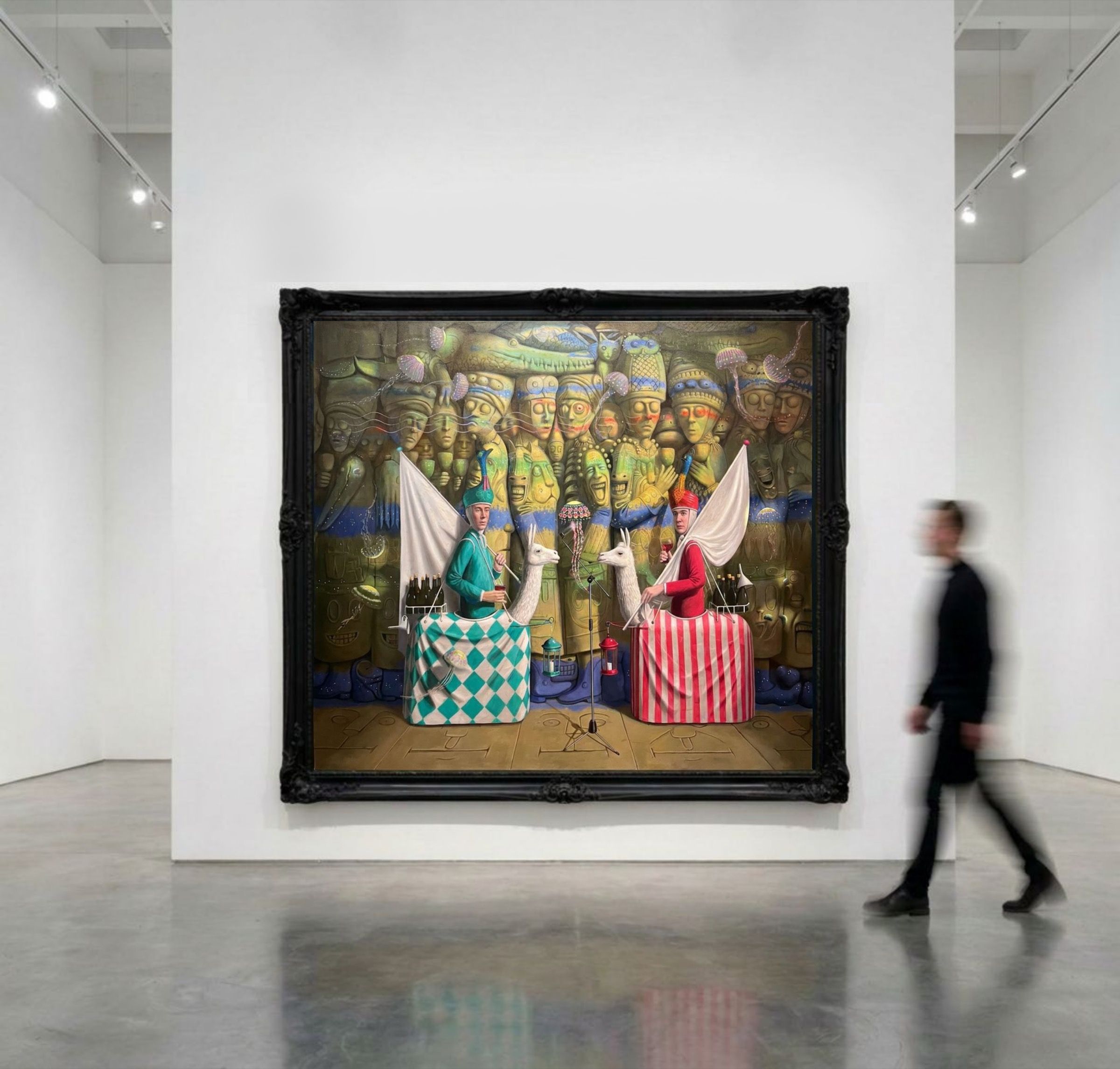 Wijnproevers by Klaas Wiedijk, framed on a gallery wall with a visitor walking past